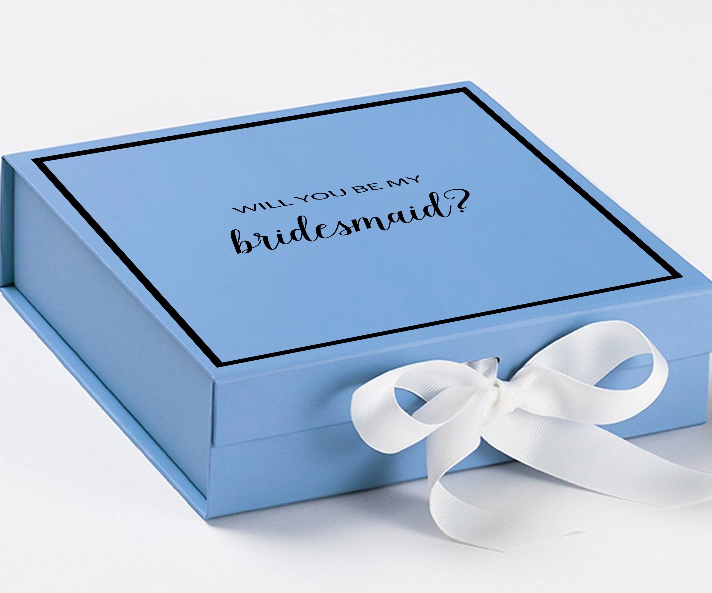 Light Blue bridesmaid proposal box with white bow and metallic writing on the lid, showcasing its elegant design.