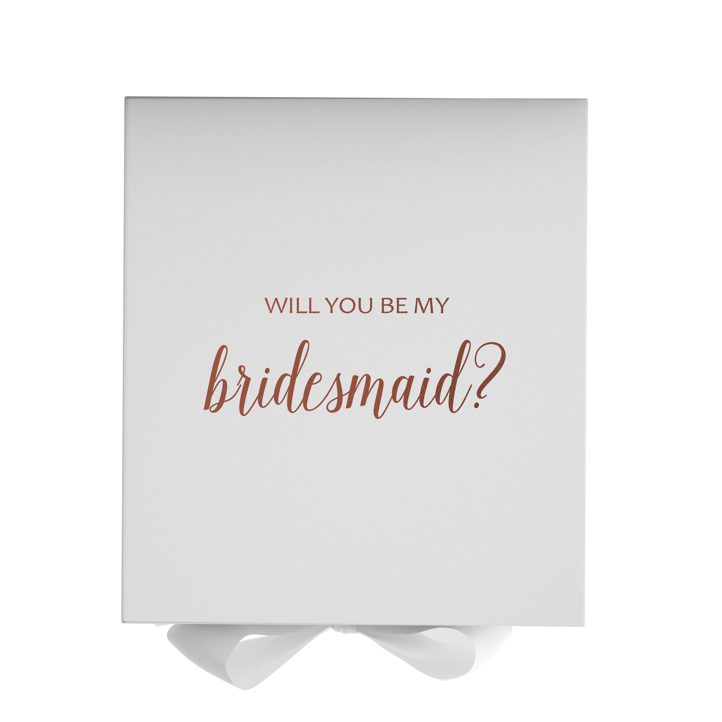 Elegant white gift box with 'Will You Be My Bridesmaid' text and a white bow, showcasing customizable font colors.