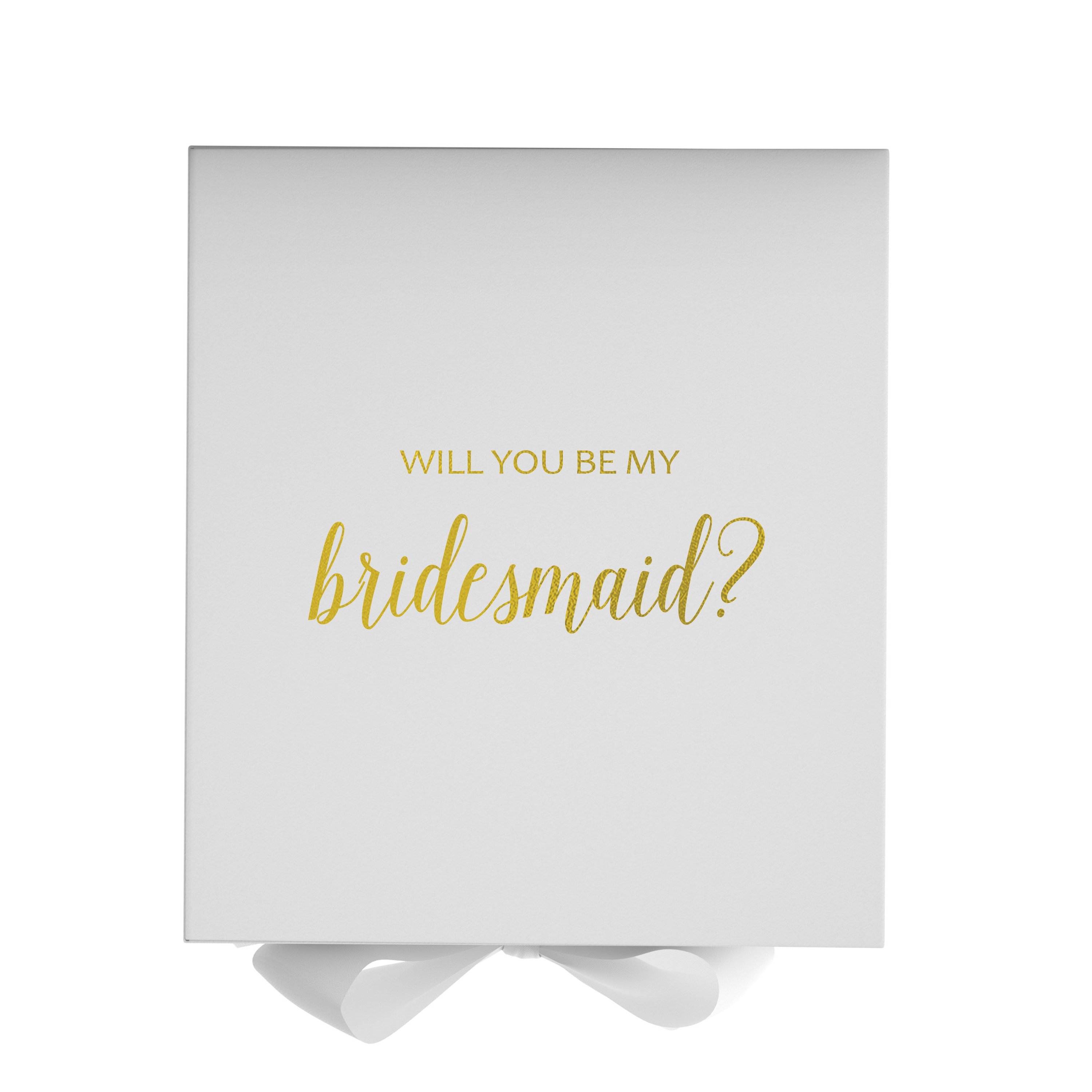 Elegant white gift box with 'Will You Be My Bridesmaid' text and a white bow, showcasing customizable font colors.