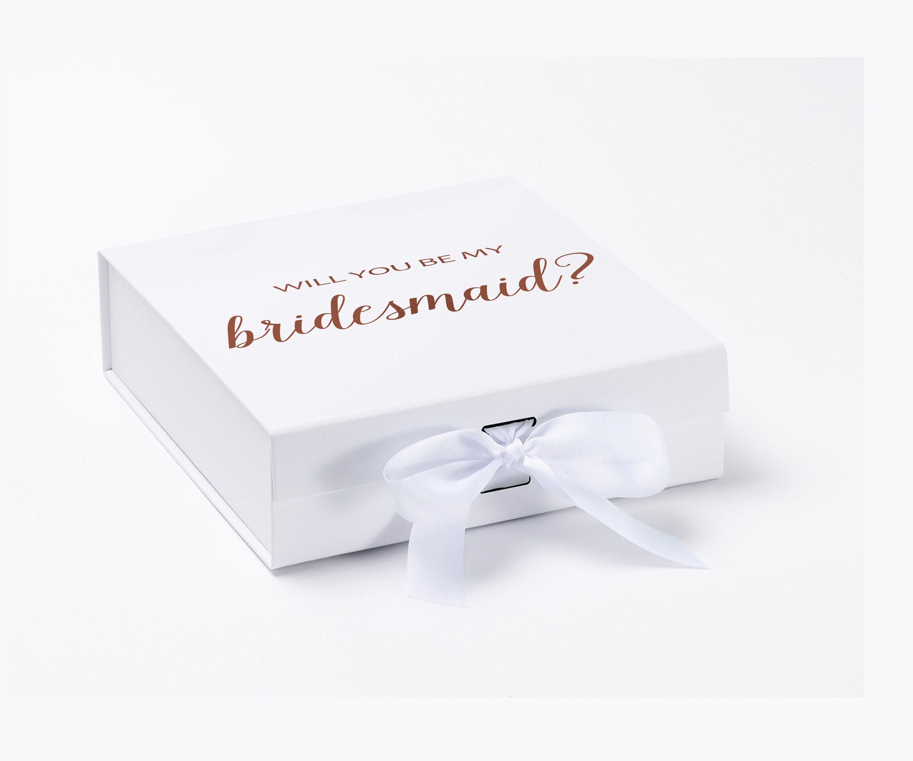 Elegant white gift box with 'Will You Be My Bridesmaid' text and a white bow, showcasing customizable font colors.