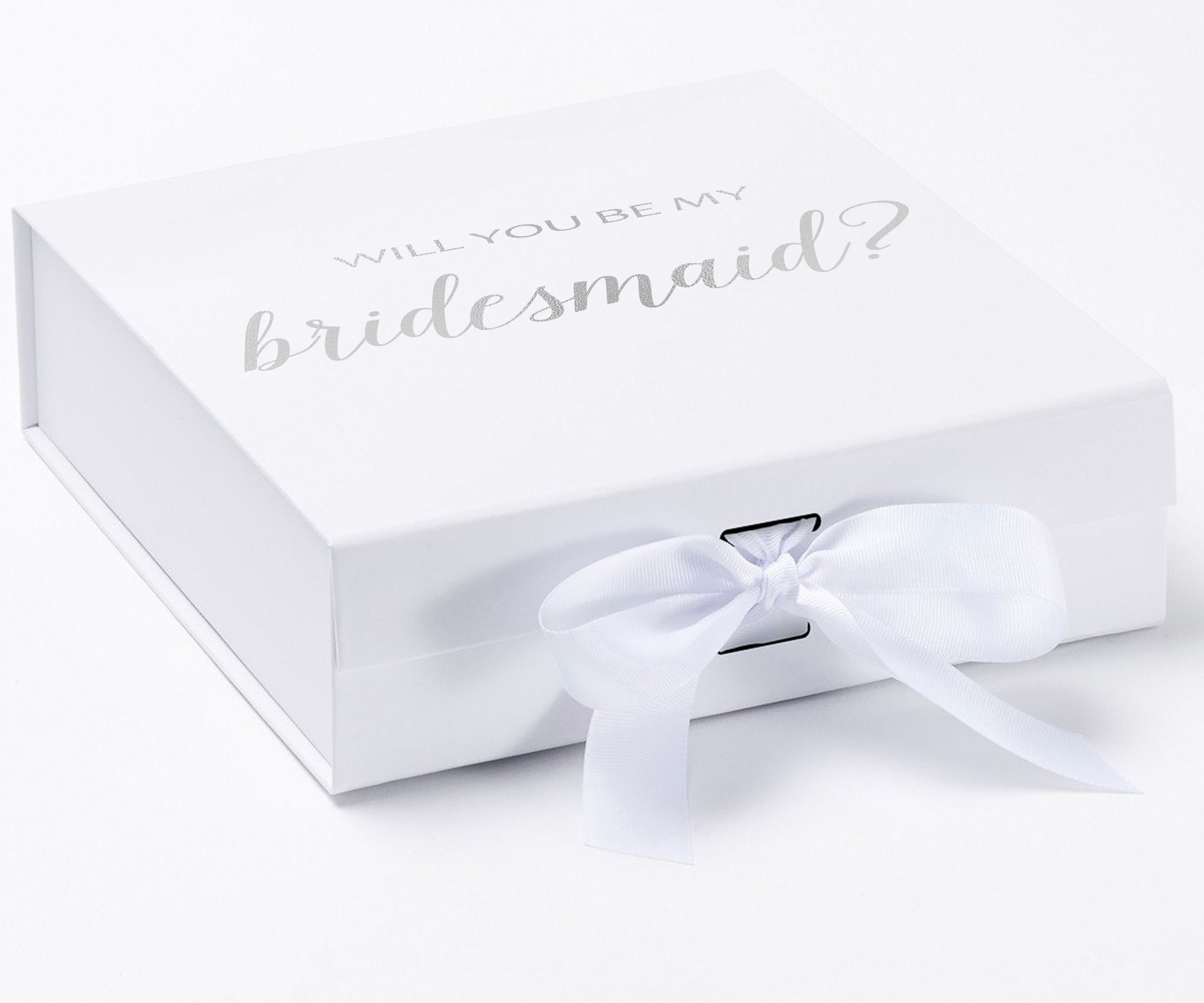 Elegant white gift box with 'Will You Be My Bridesmaid' text and a white bow, showcasing customizable font colors.