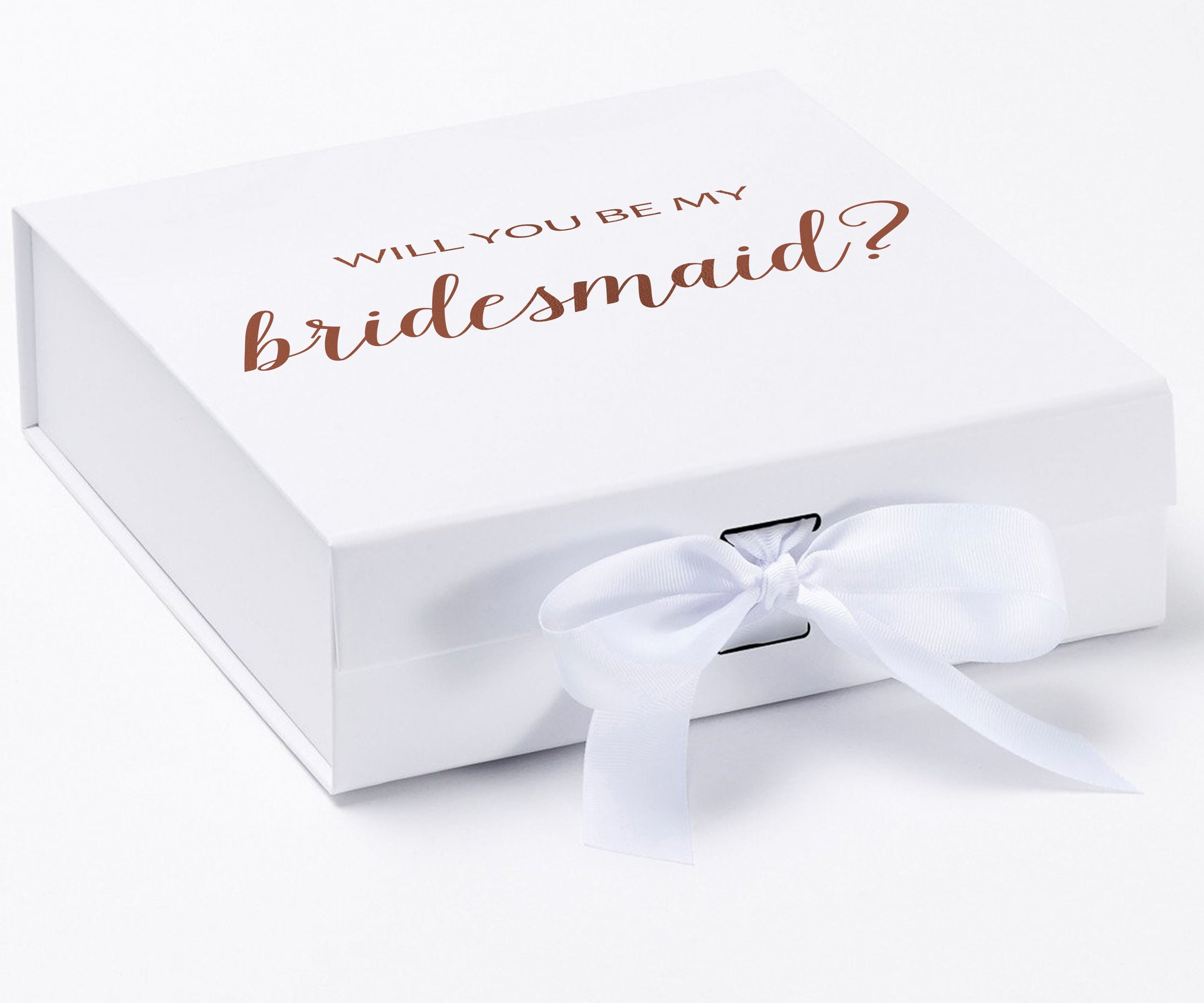 Elegant white gift box with 'Will You Be My Bridesmaid' text and a white bow, showcasing customizable font colors.