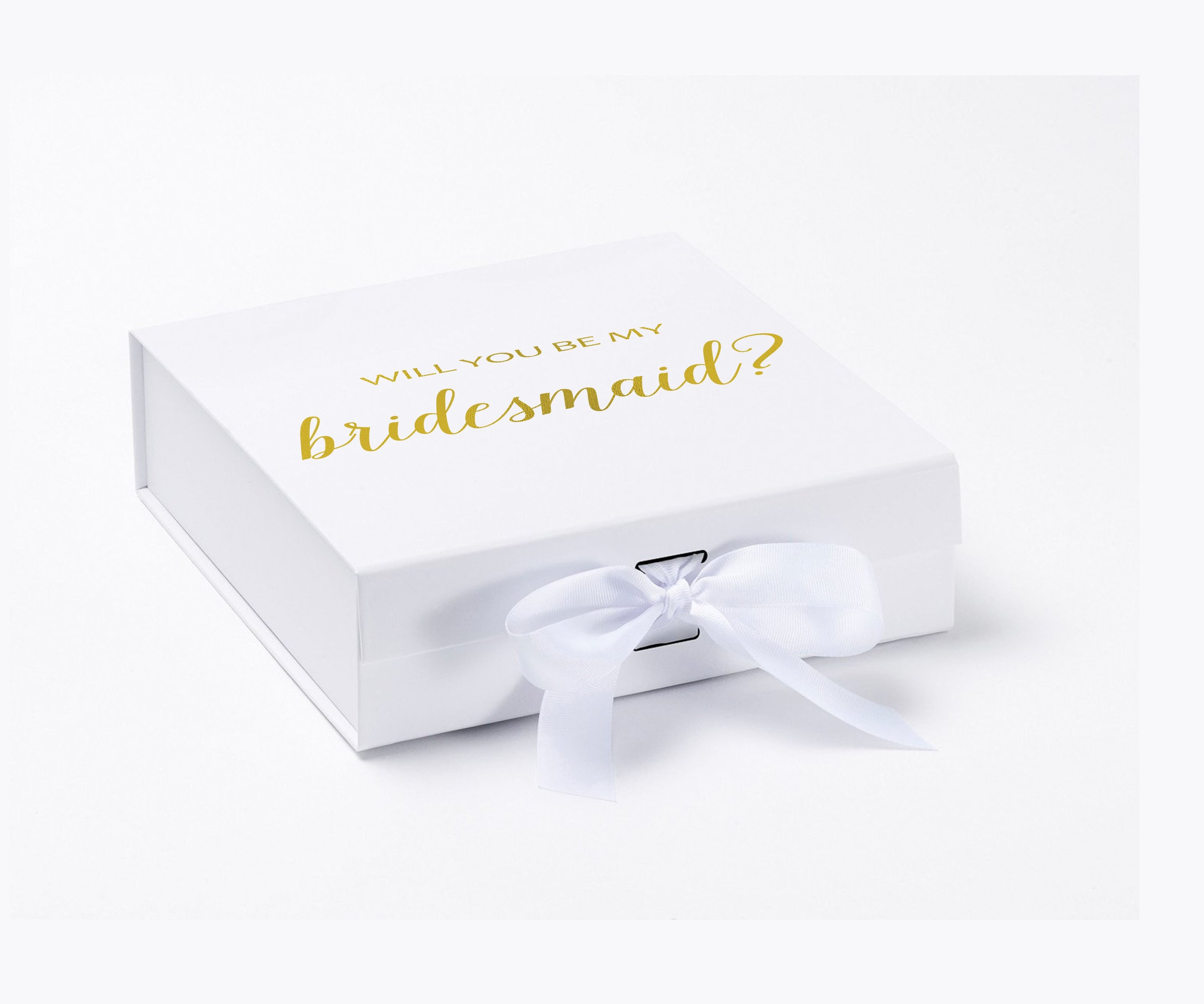 Elegant white gift box with 'Will You Be My Bridesmaid' text and a white bow, showcasing customizable font colors.