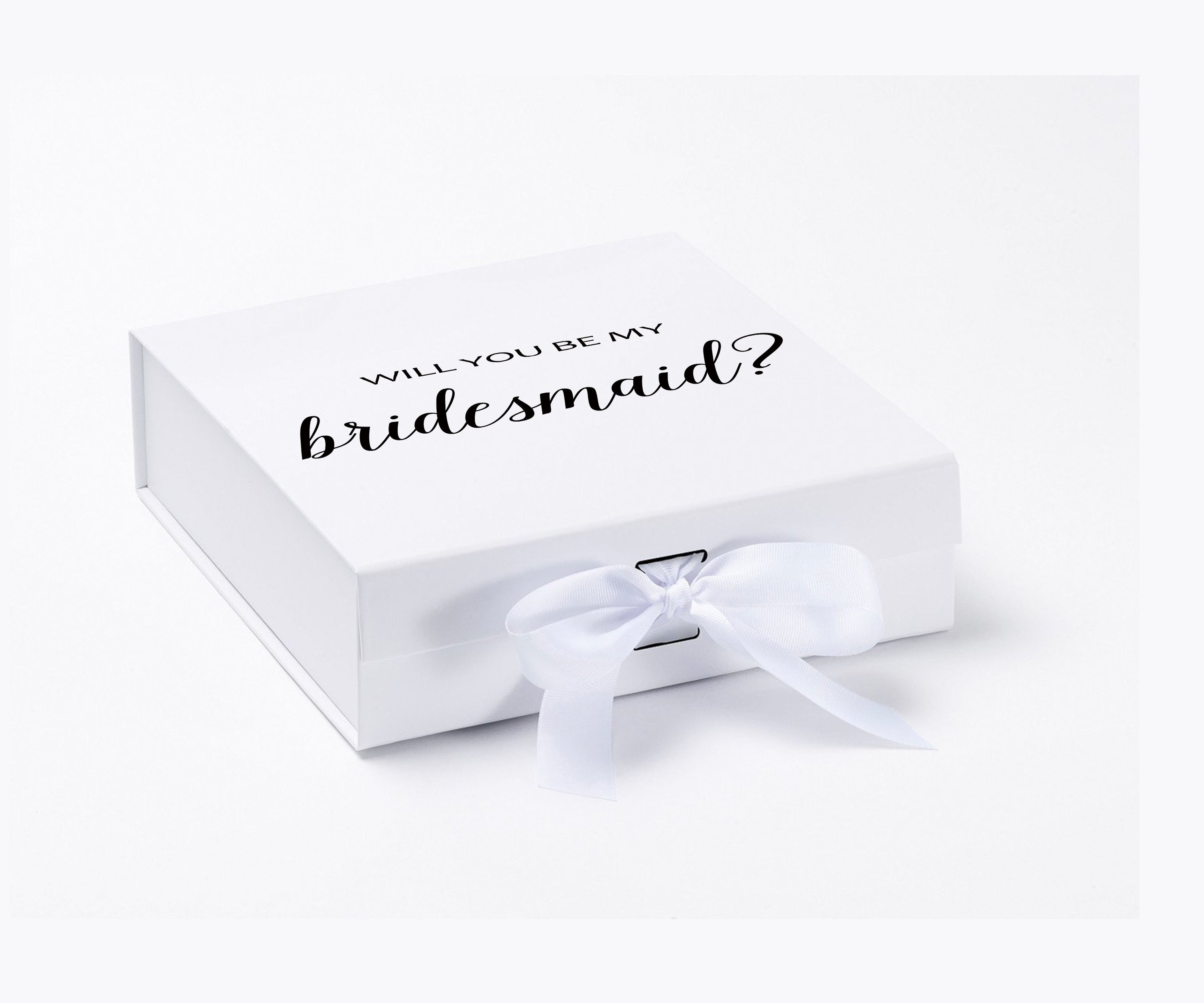 Elegant white gift box with 'Will You Be My Bridesmaid' text and a white bow, showcasing customizable font colors.