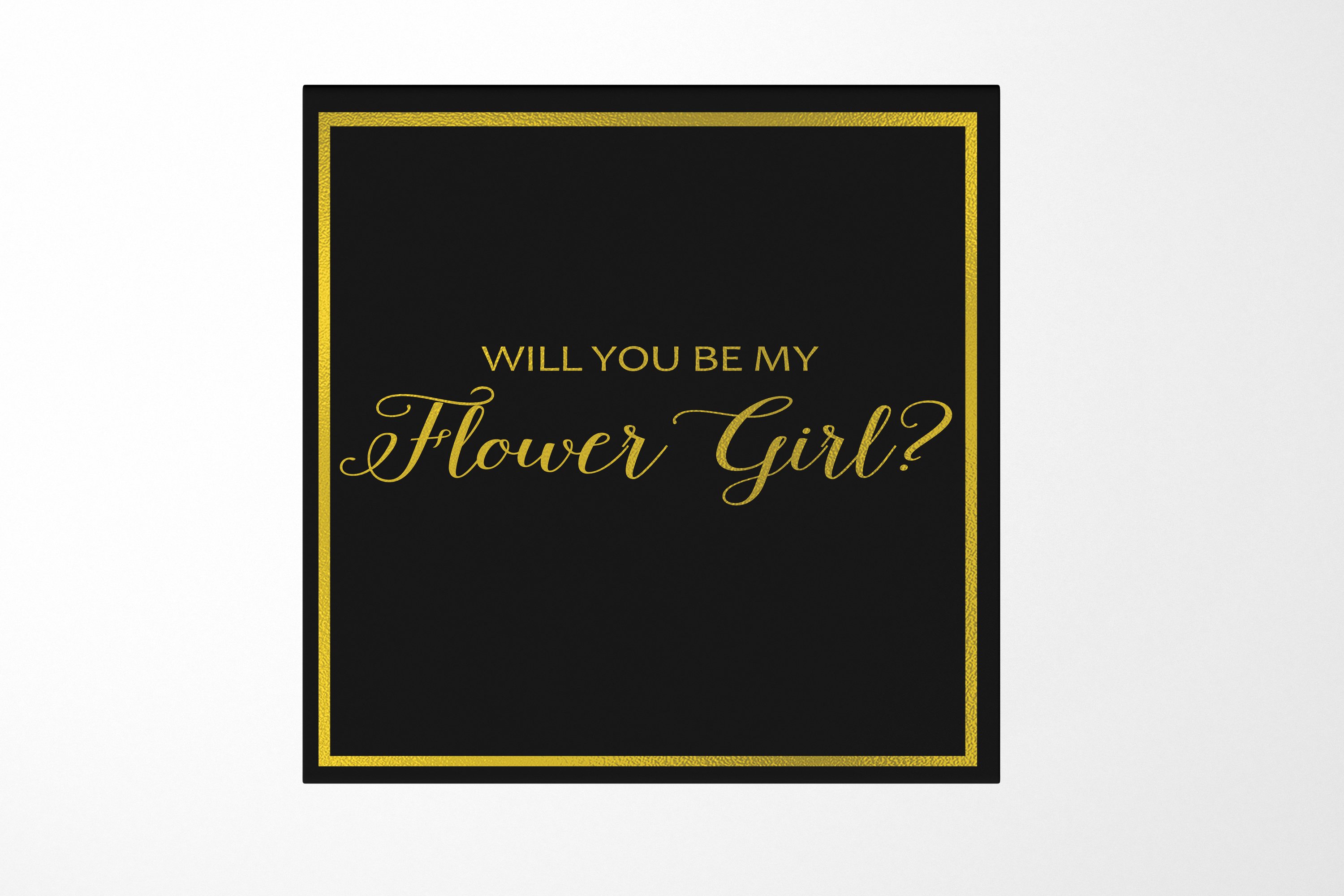 Elegant black proposal box with metallic writing, no ribbon, showcasing a sleek design for flower girl proposal.