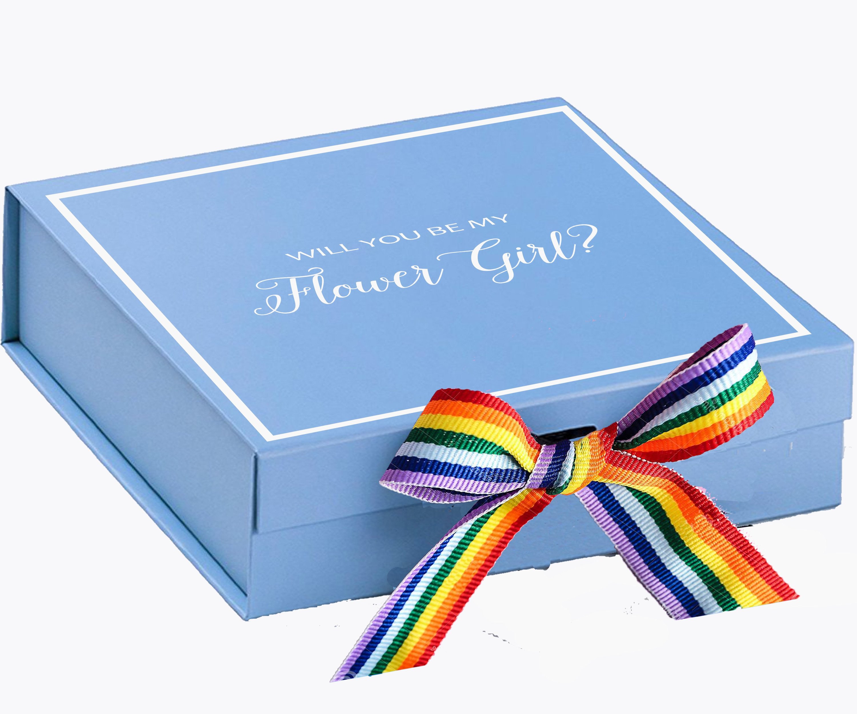 Light blue proposal box with metallic writing and rainbow bow, perfect for asking a flower girl.