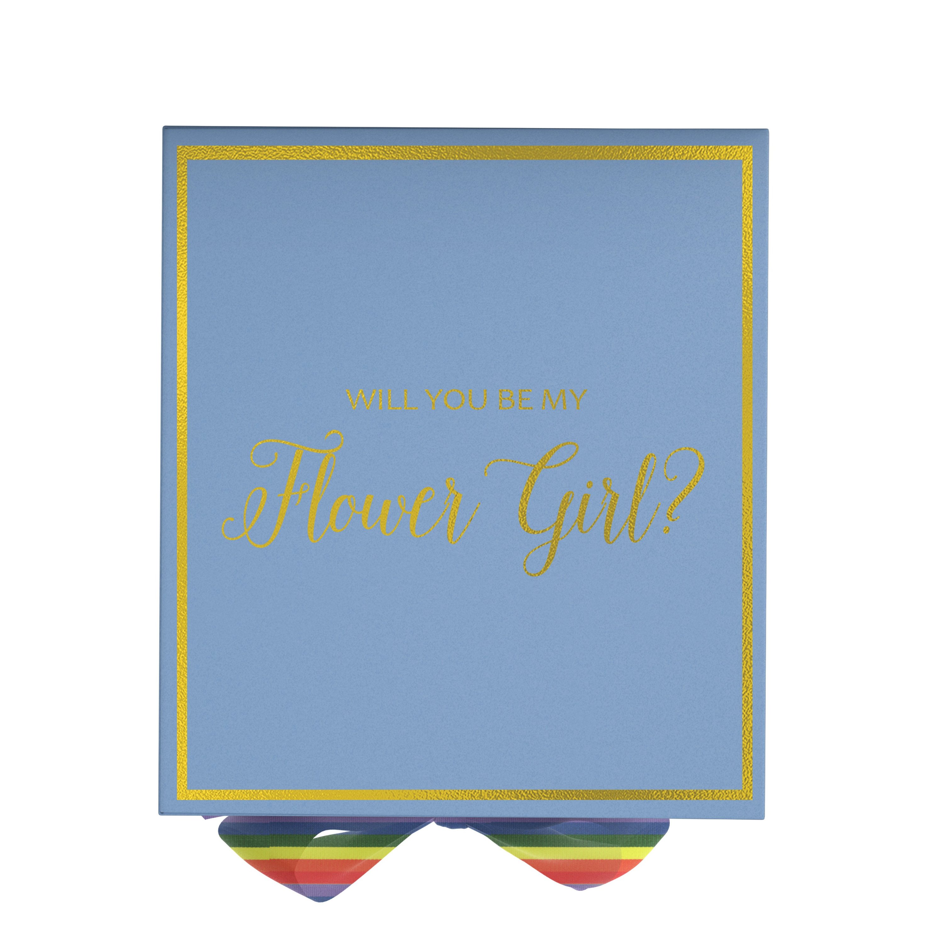 Light blue proposal box with metallic writing and rainbow bow, perfect for asking a flower girl.