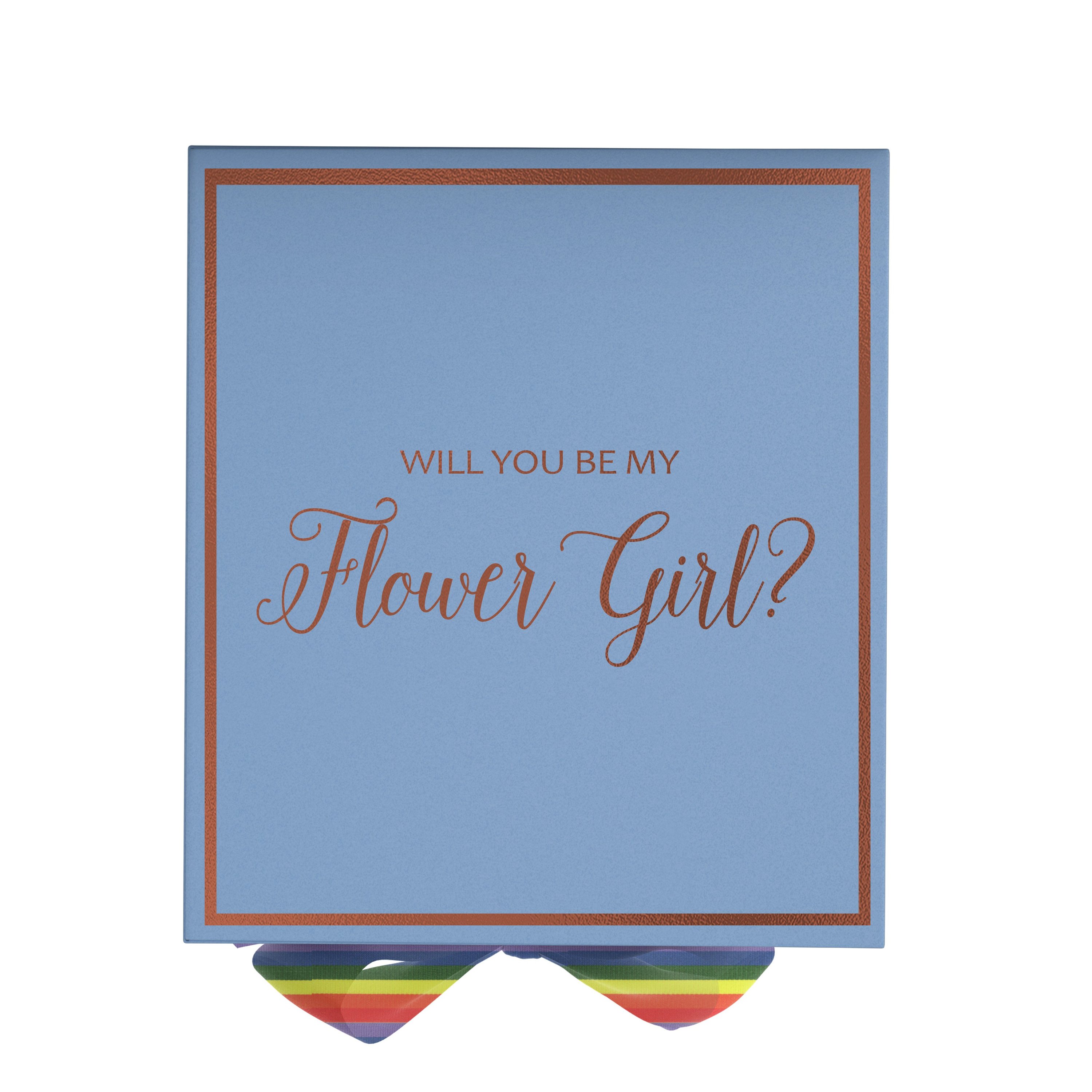 Light blue proposal box with metallic writing and rainbow bow, perfect for asking a flower girl.