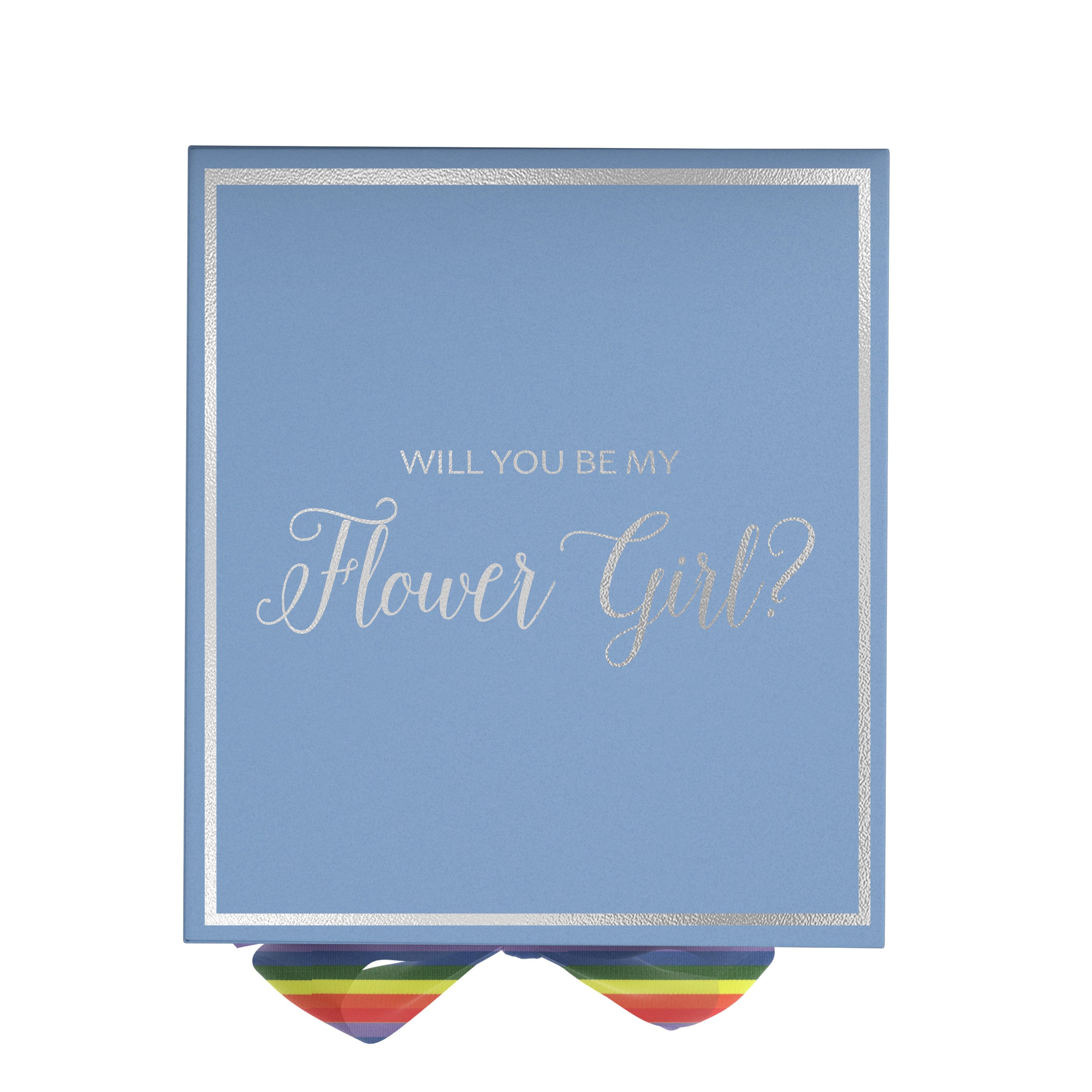 Light blue proposal box with metallic writing and rainbow bow, perfect for asking a flower girl.