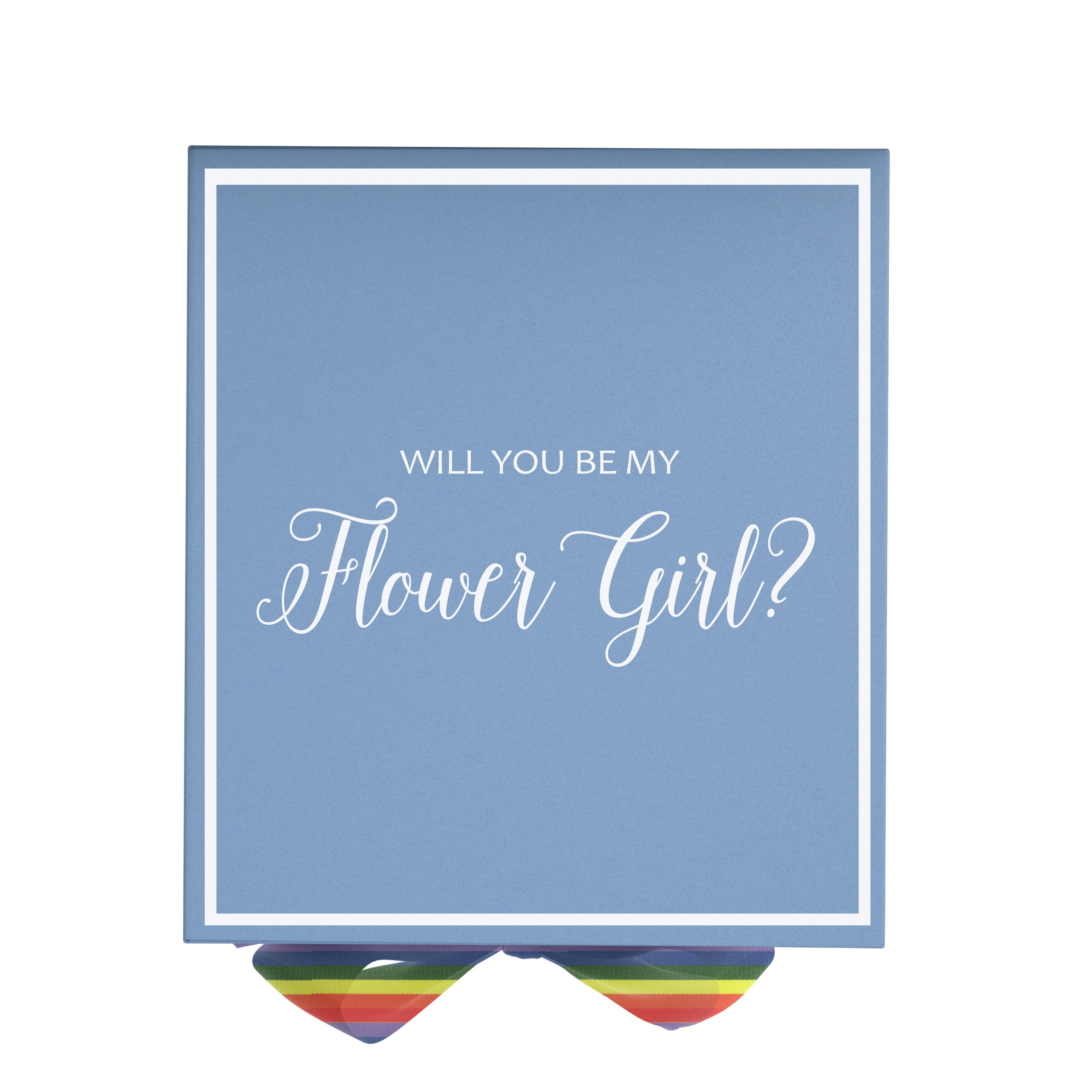 Light blue proposal box with metallic writing and rainbow bow, perfect for asking a flower girl.