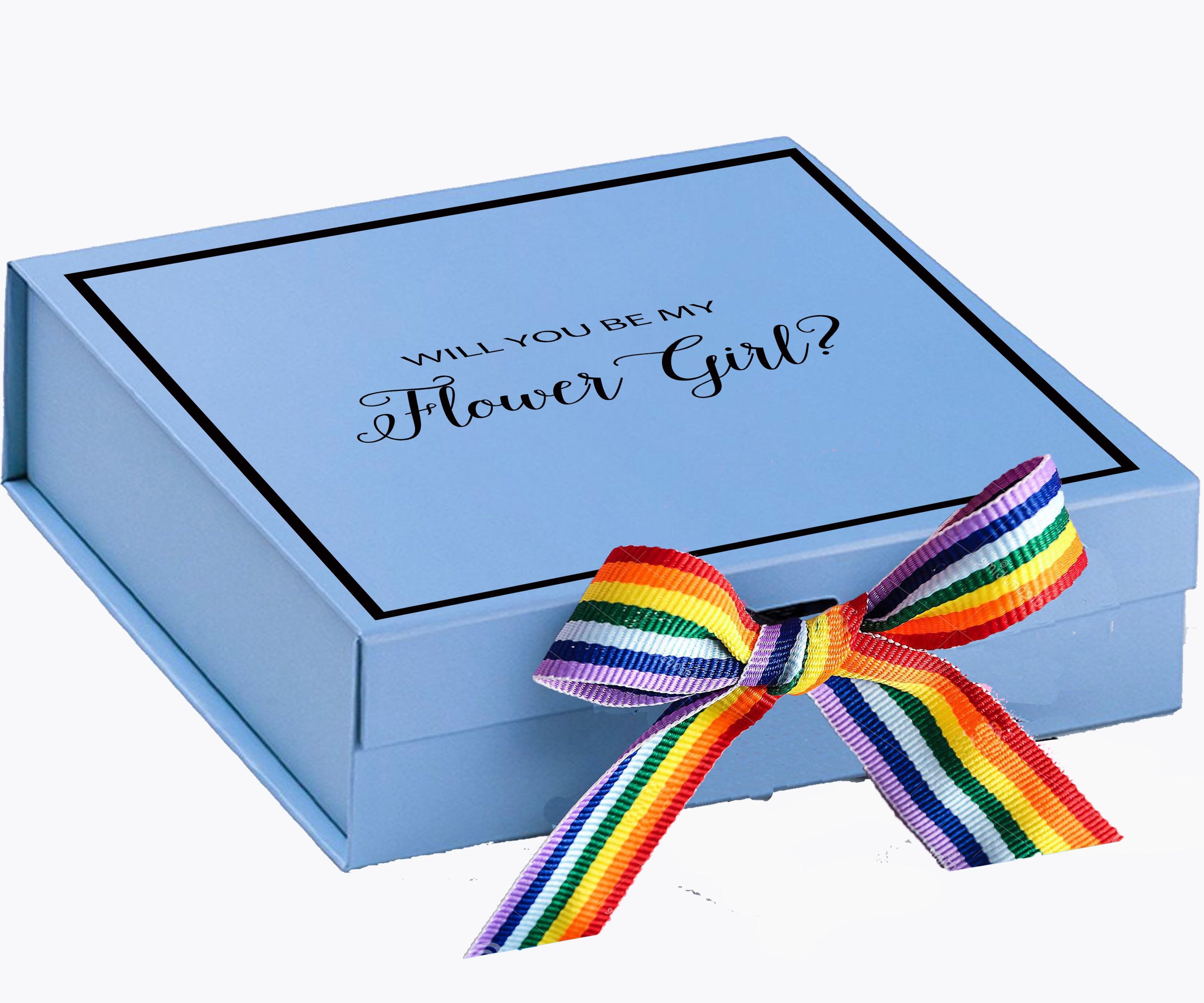 Light blue proposal box with metallic writing and rainbow bow, perfect for asking a flower girl.