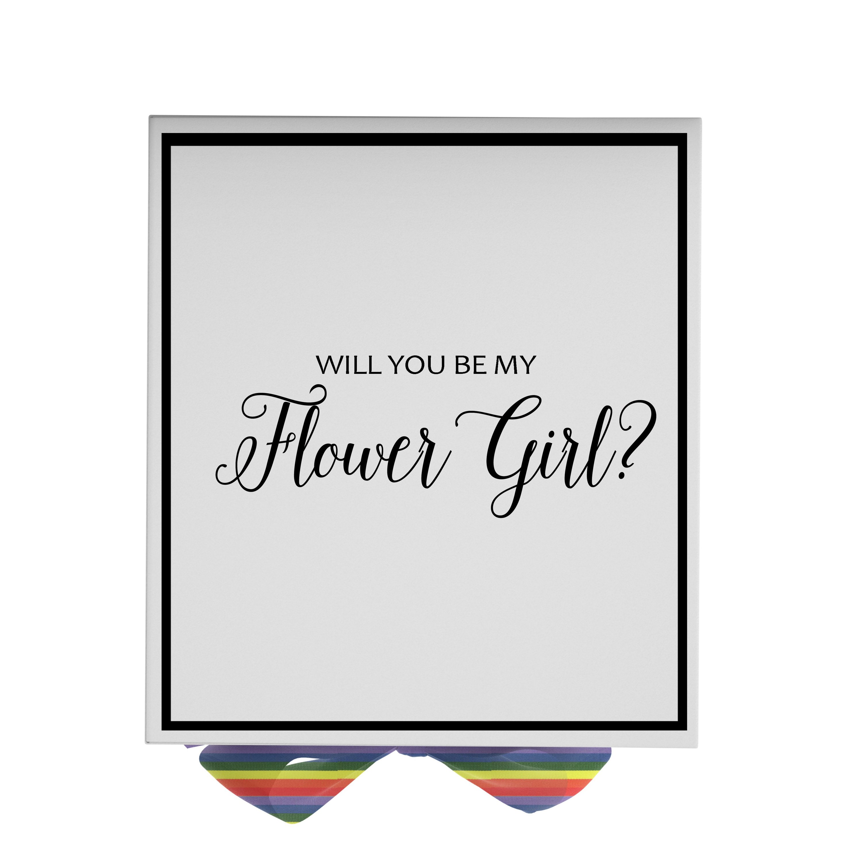 Elegant white proposal box with metallic writing and rainbow bow, perfect for asking a flower girl.