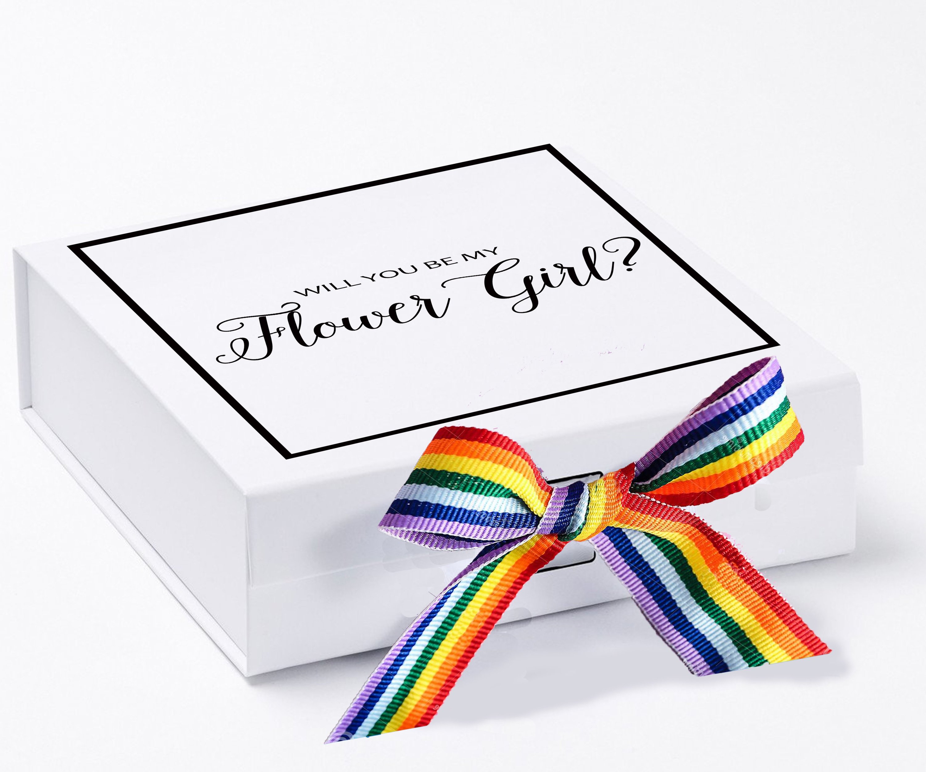 Elegant white proposal box with metallic writing and rainbow bow, perfect for asking a flower girl.