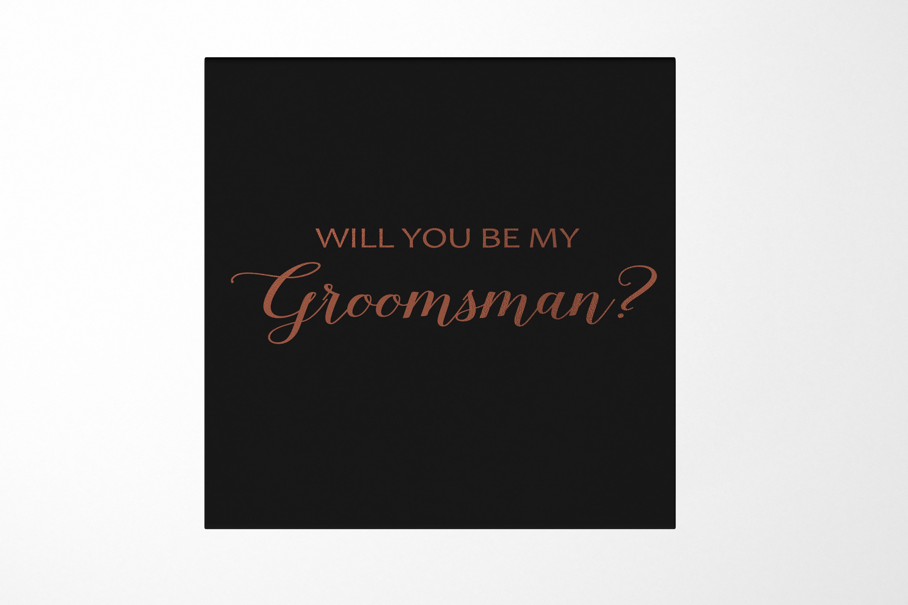 Elegant black groomsman proposal box with metallic writing on the lid, showcasing a sleek matte finish.