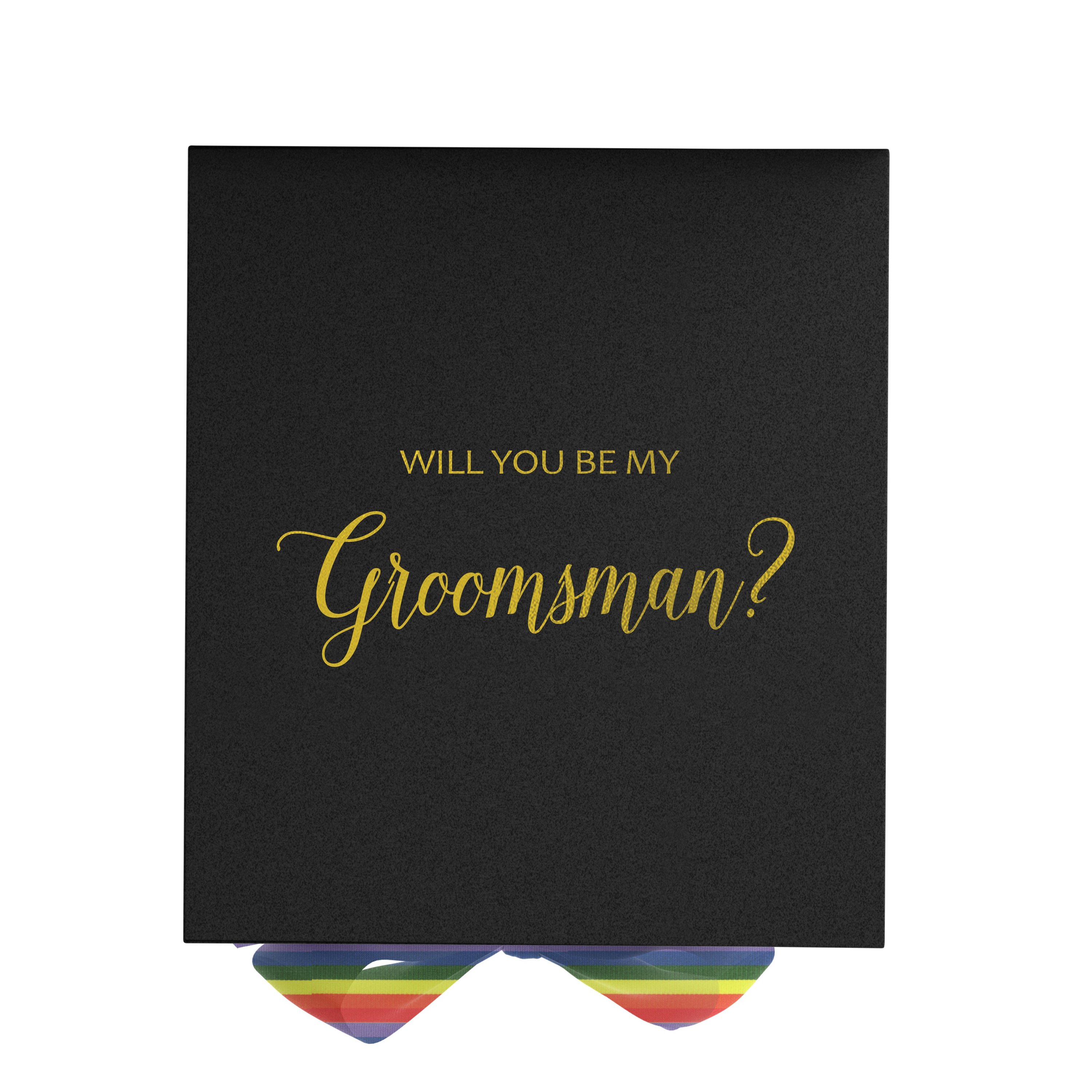 Elegant black groomsman proposal box with metallic writing and a colorful rainbow bow, showcasing its luxurious design.