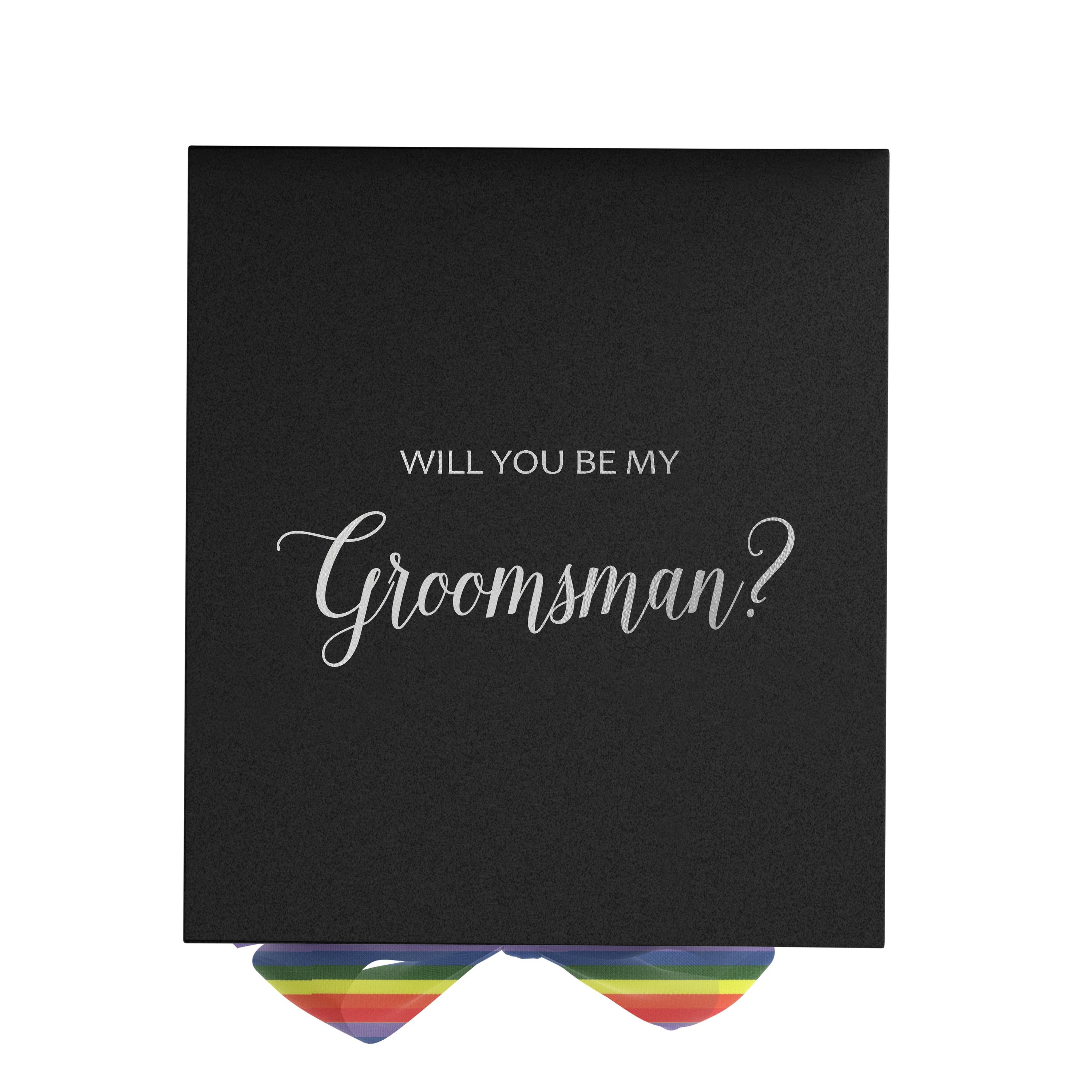 Elegant black groomsman proposal box with metallic writing and a colorful rainbow bow, showcasing its luxurious design.