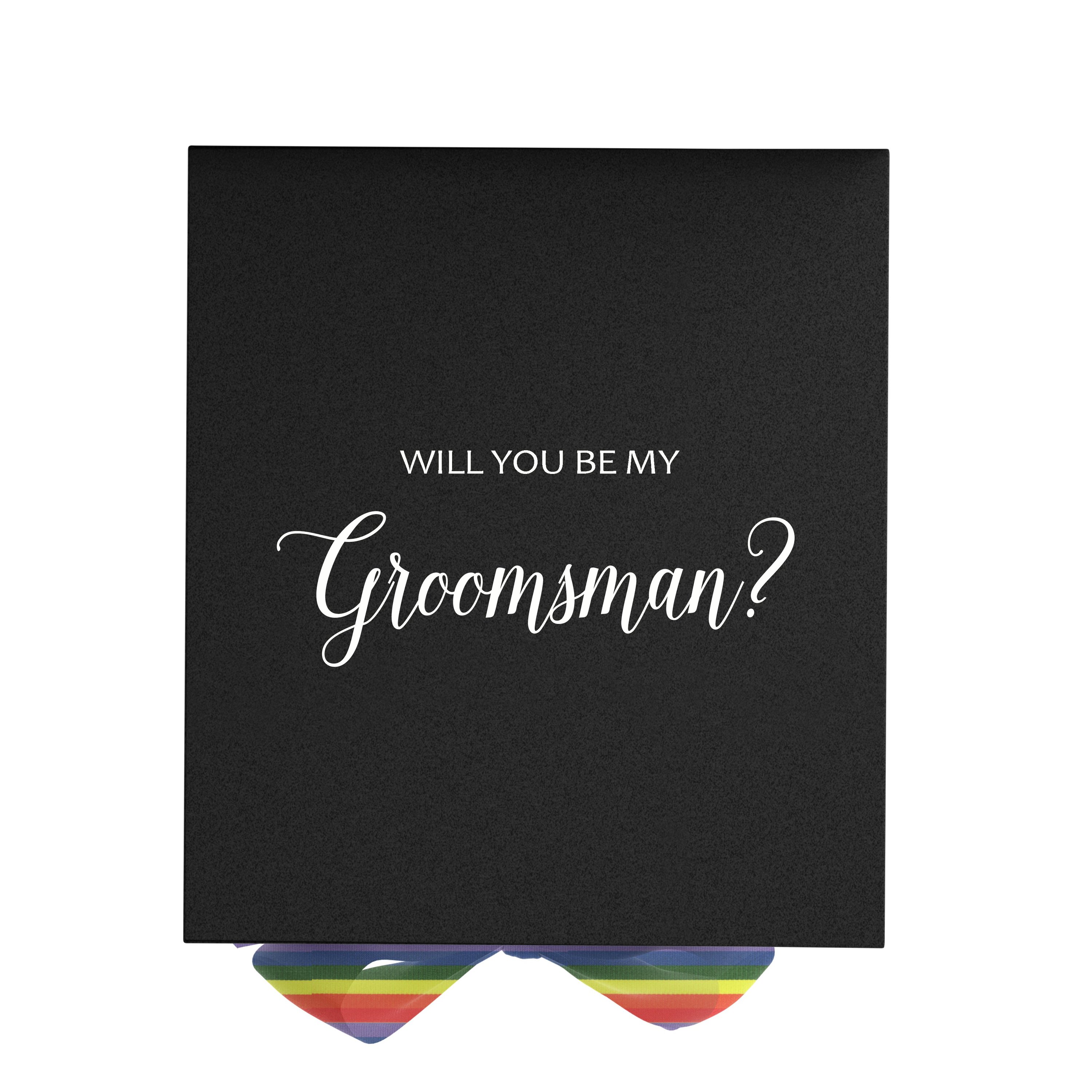 Elegant black groomsman proposal box with metallic writing and a colorful rainbow bow, showcasing its luxurious design.