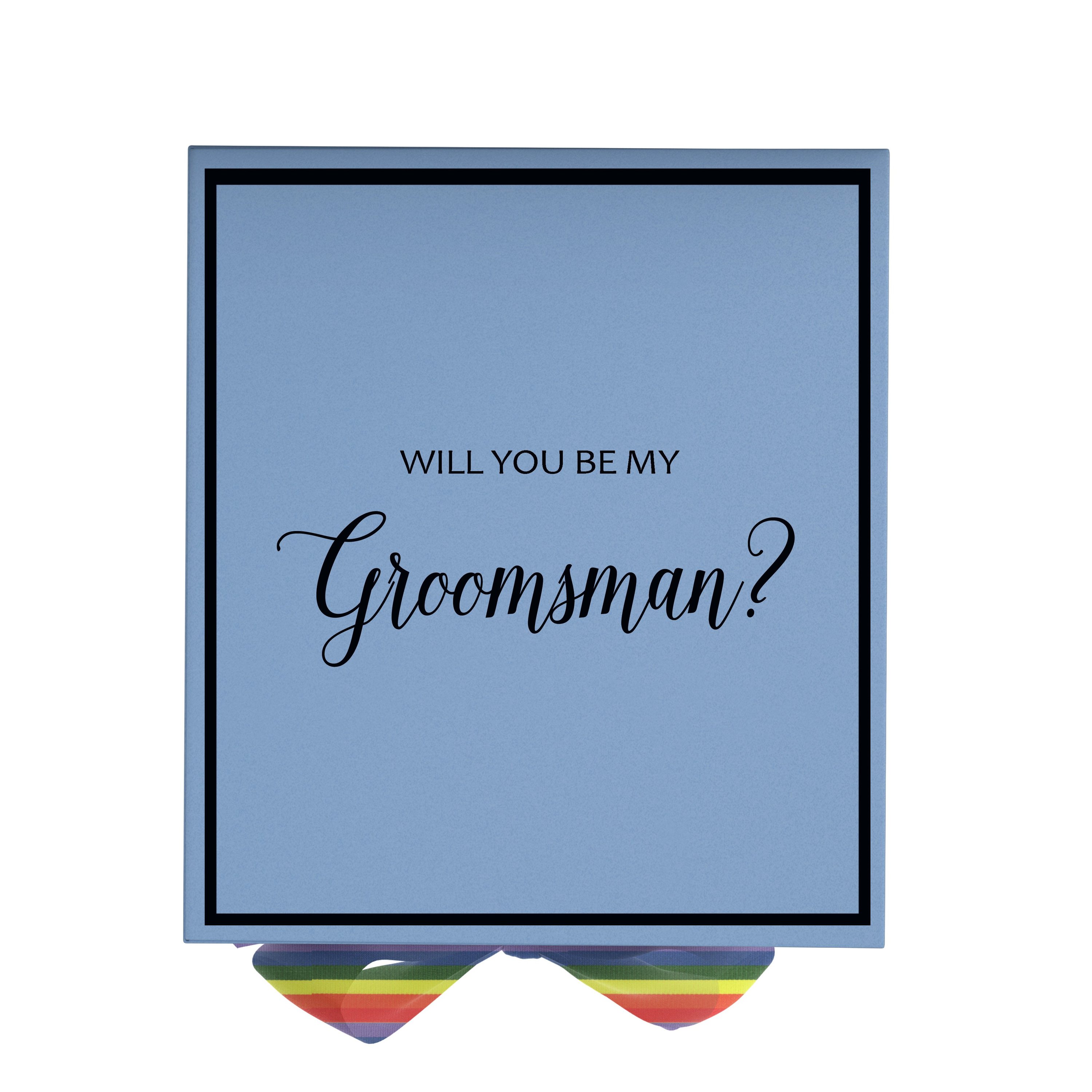 Light blue groomsman proposal box with metallic writing and rainbow bow, showcasing its elegant design and quality finish.