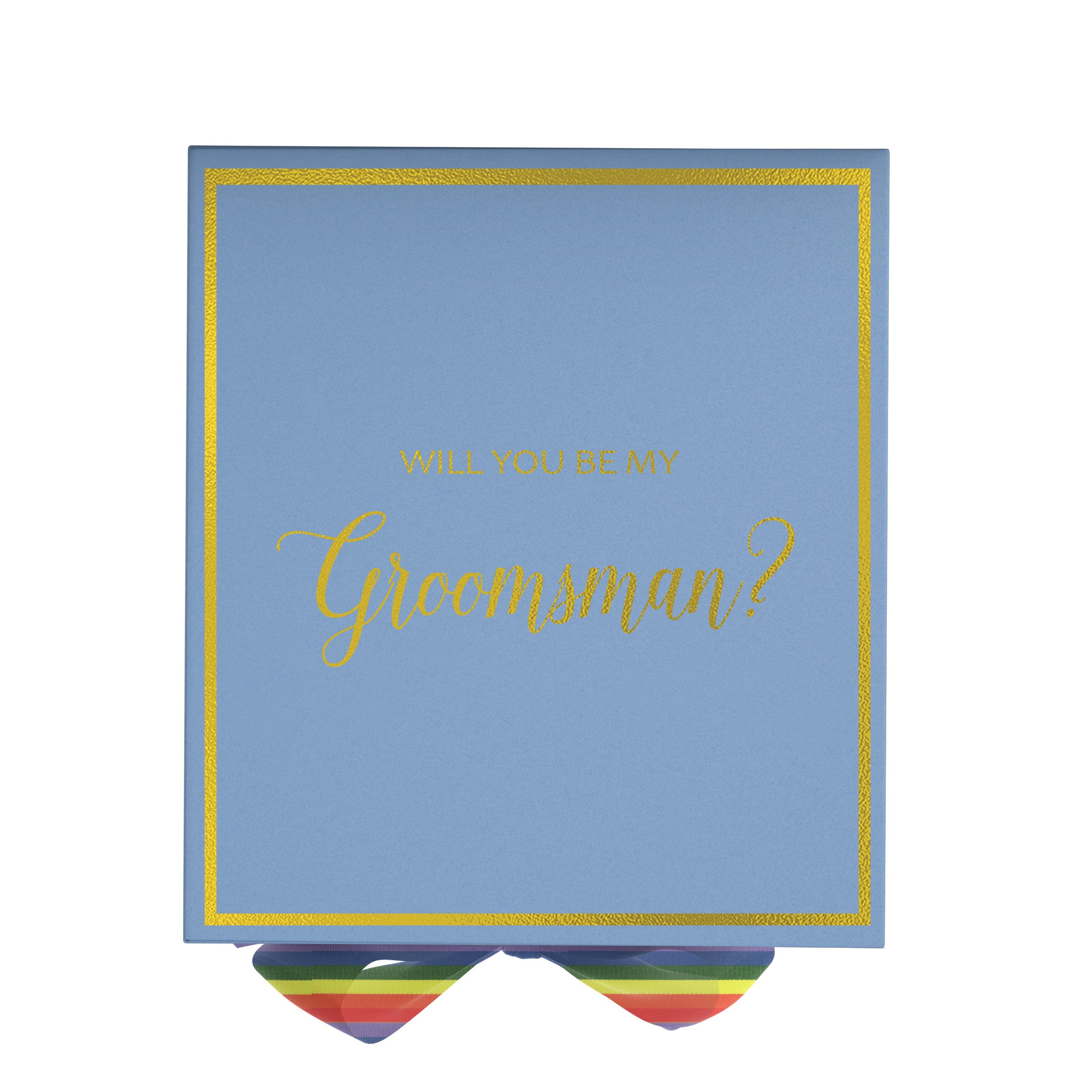 Light blue groomsman proposal box with metallic writing and rainbow bow, showcasing its elegant design and quality finish.