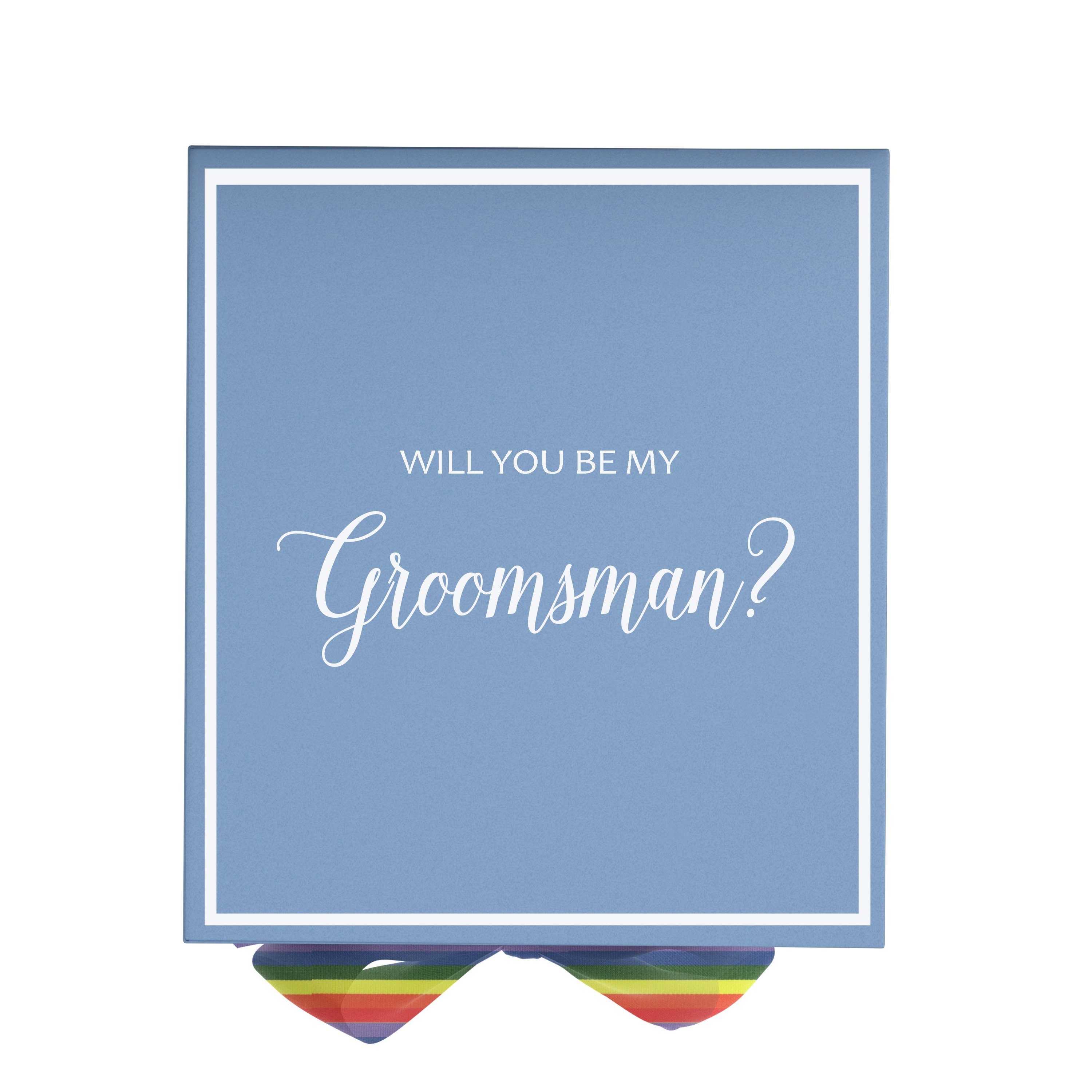 Light blue groomsman proposal box with metallic writing and rainbow bow, showcasing its elegant design and quality finish.