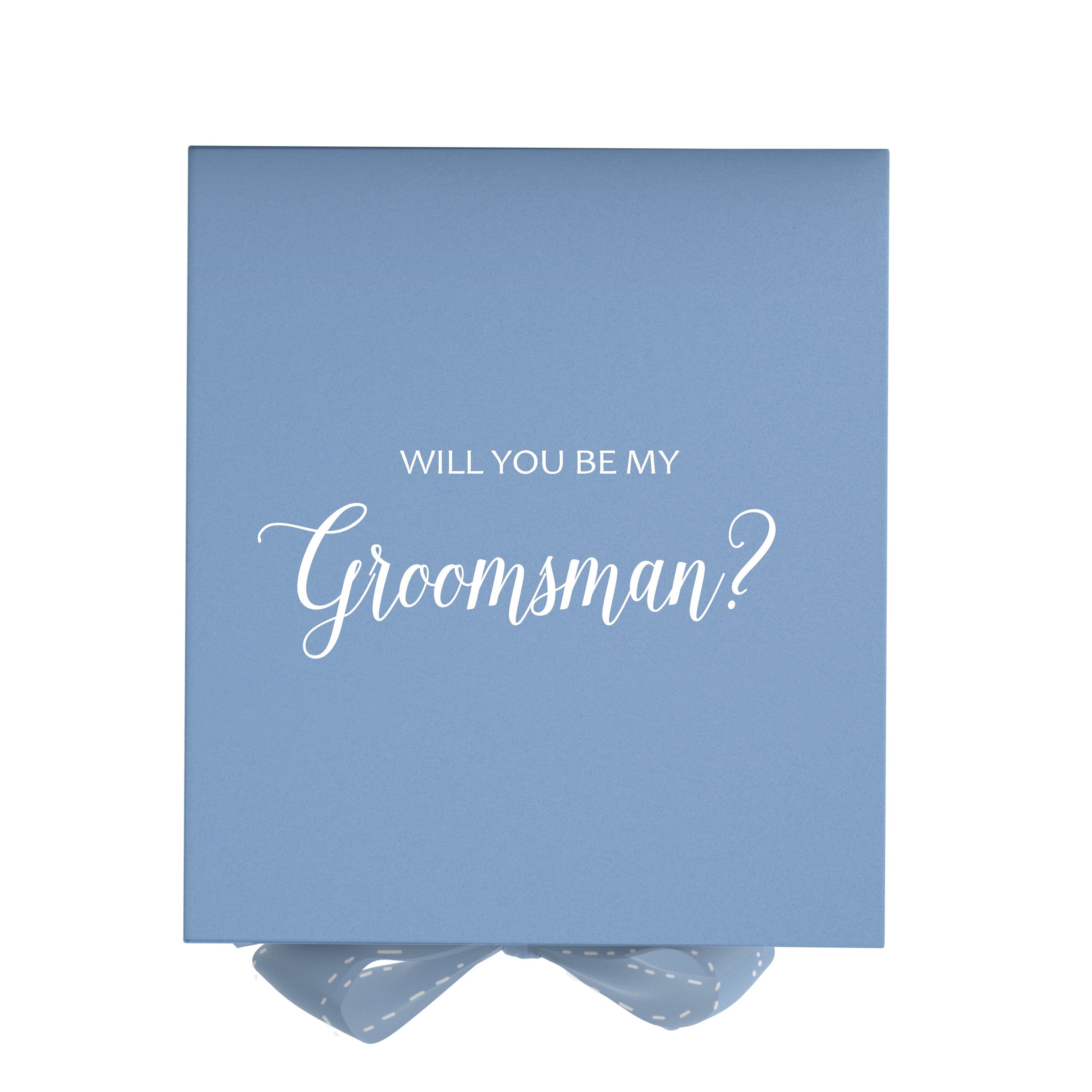 Light blue groomsman proposal box with metallic writing and bow, showcasing its elegant design and luxurious finish.