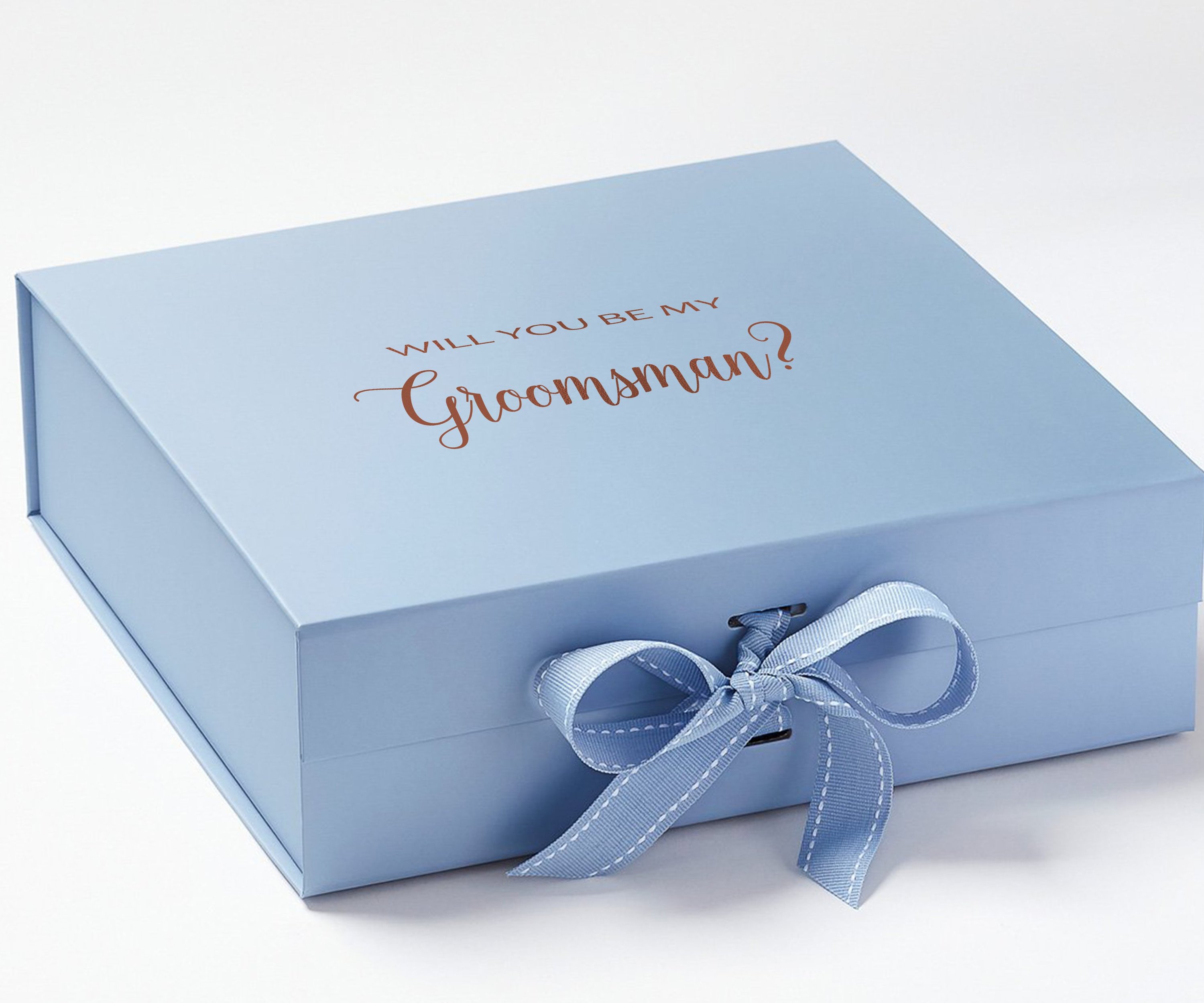 Light blue groomsman proposal box with metallic writing and bow, showcasing its elegant design and luxurious finish.