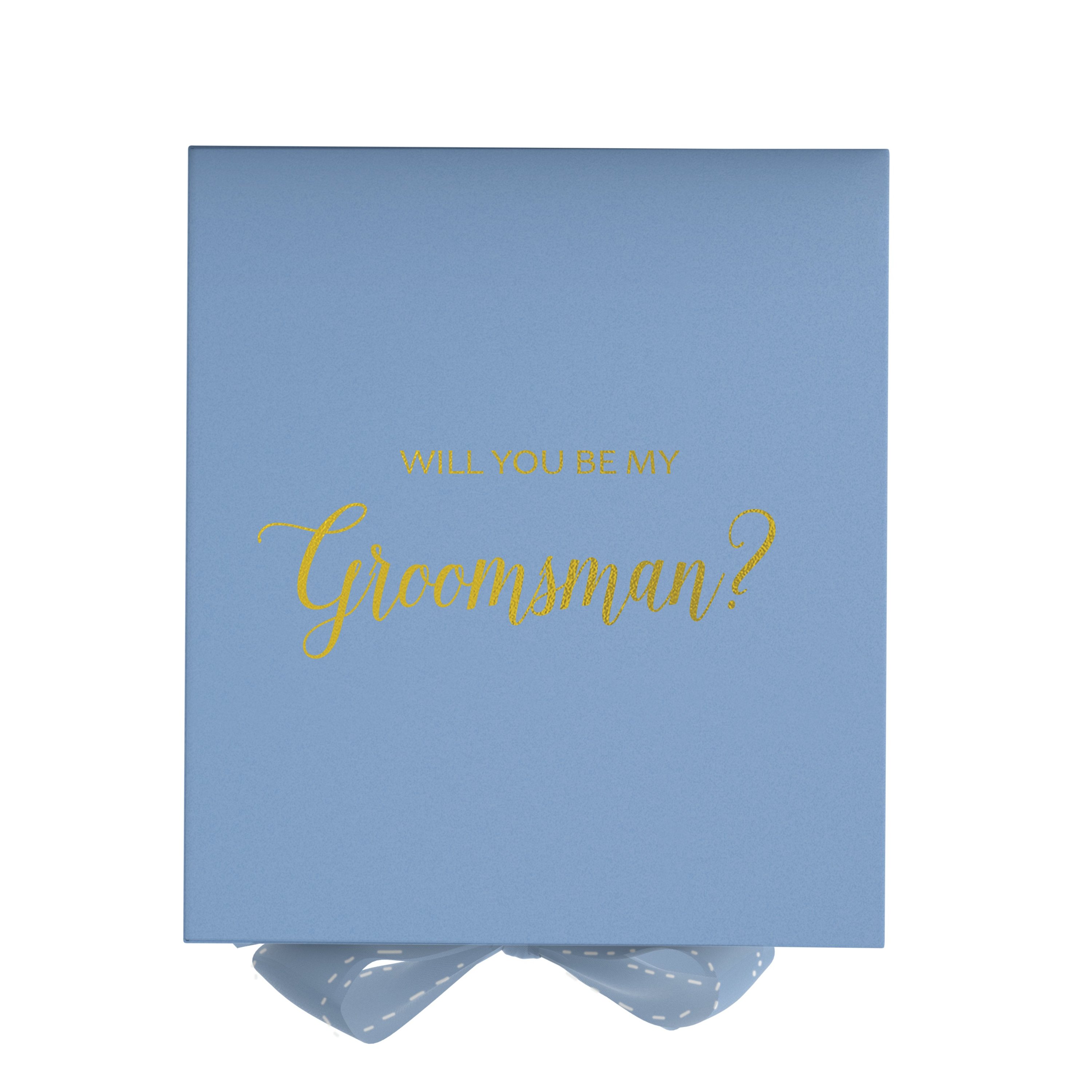 Light blue groomsman proposal box with metallic writing and bow, showcasing its elegant design and luxurious finish.