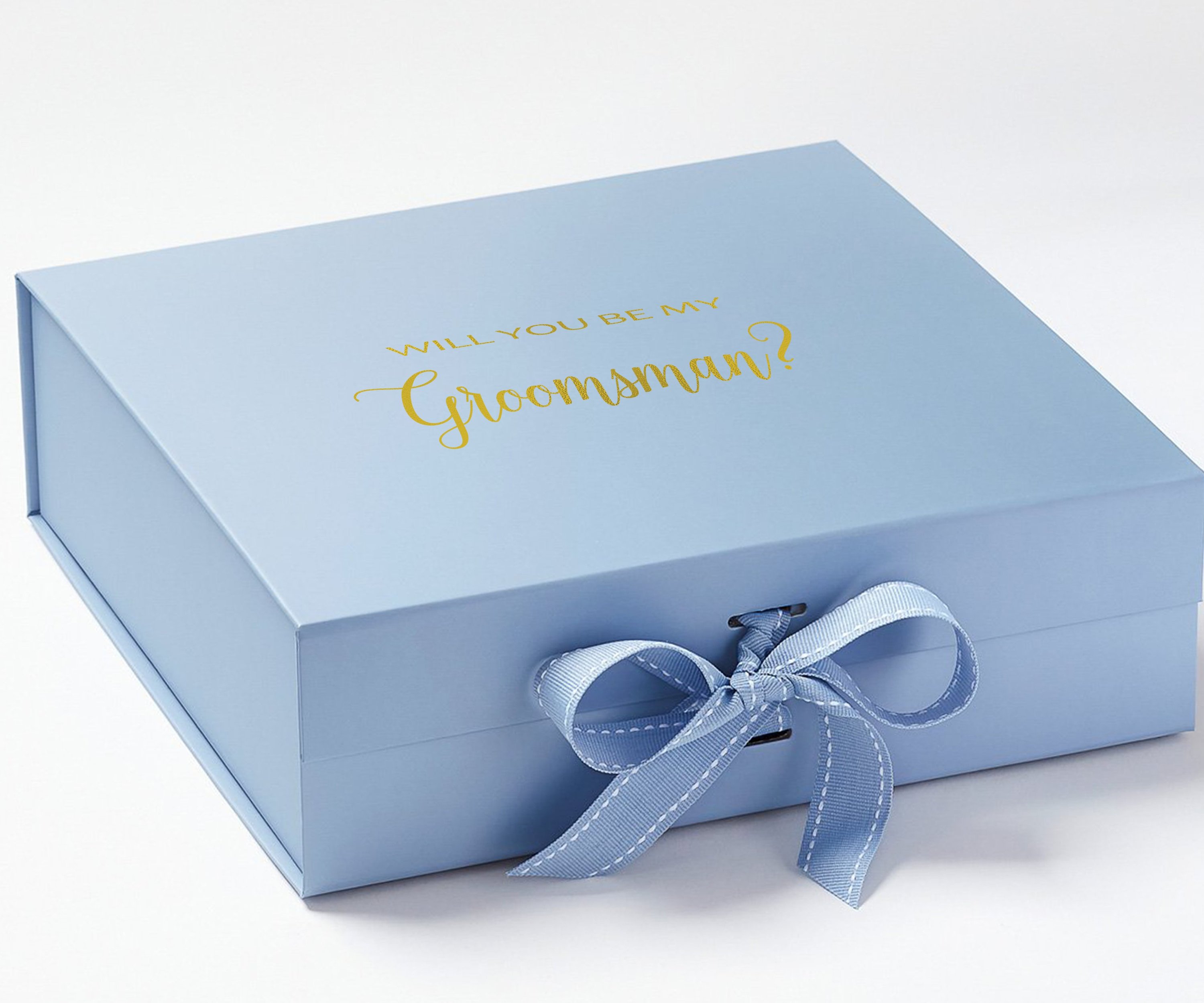 Light blue groomsman proposal box with metallic writing and bow, showcasing its elegant design and luxurious finish.