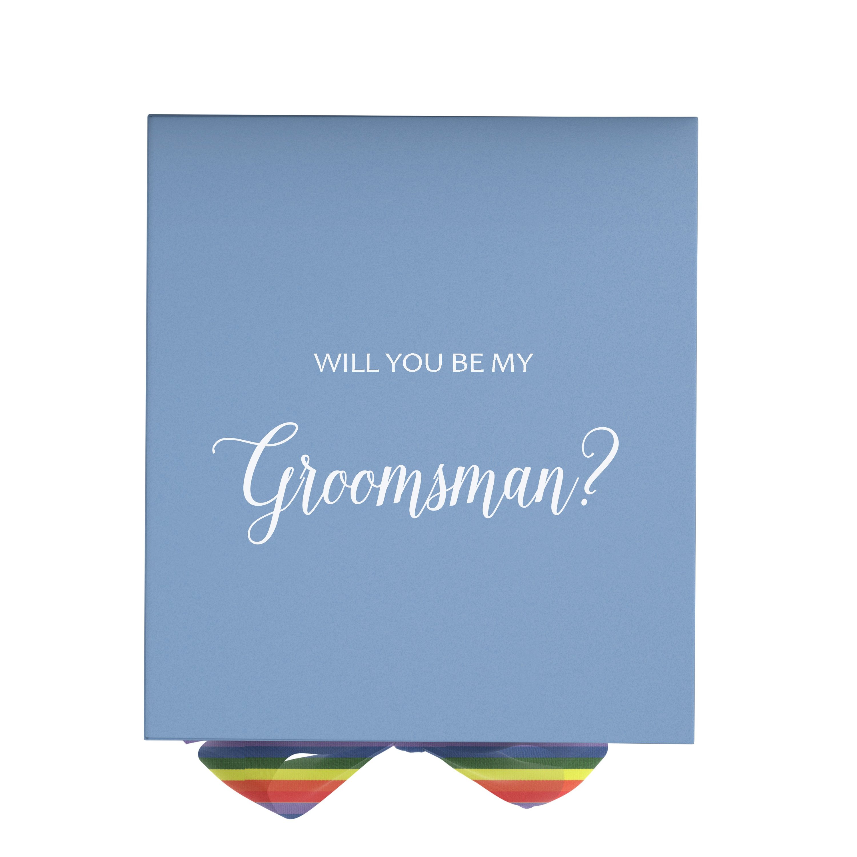 Light blue groomsman proposal box with metallic writing and rainbow bow, showcasing elegant design and quality craftsmanship.