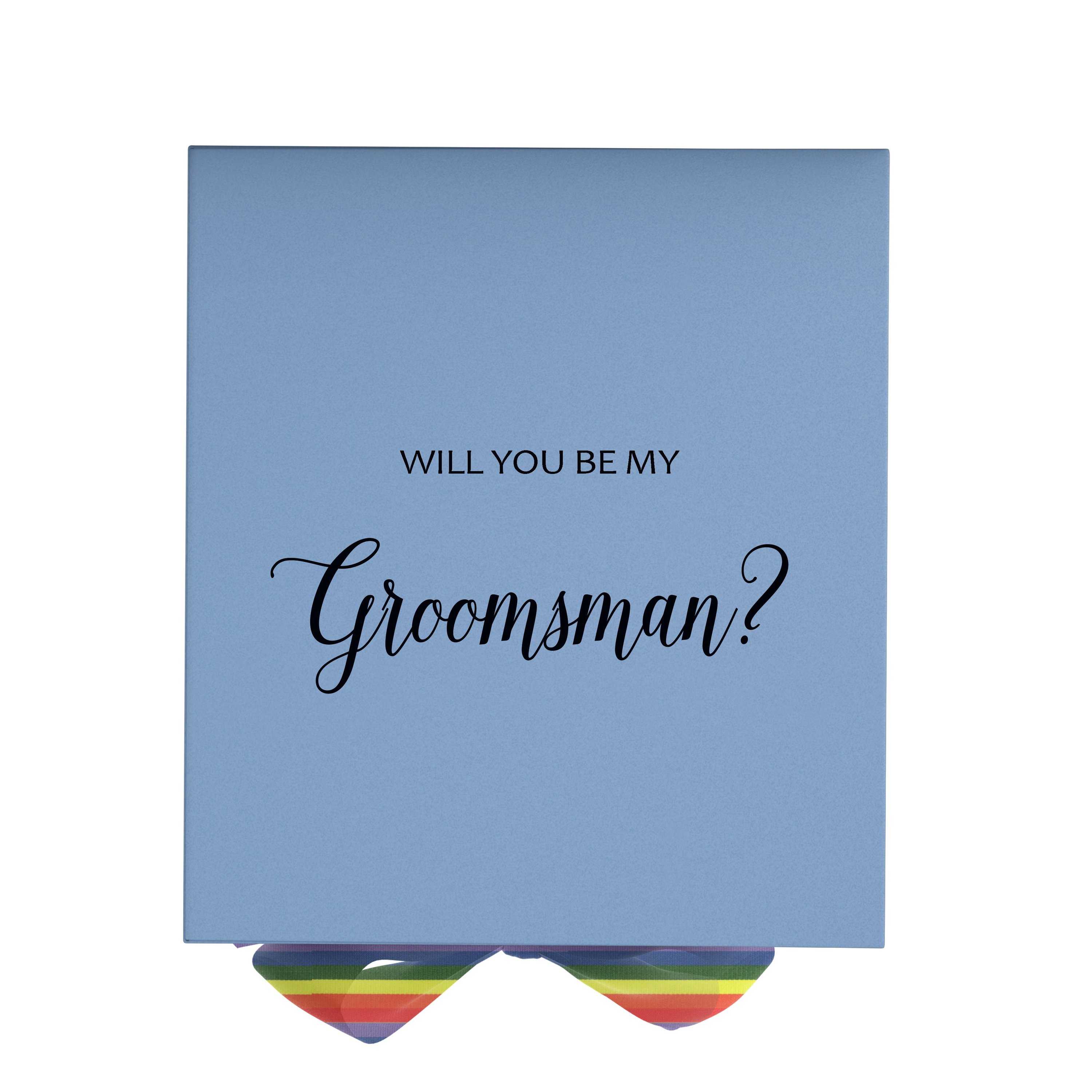 Light blue groomsman proposal box with metallic writing and rainbow bow, showcasing elegant design and quality craftsmanship.