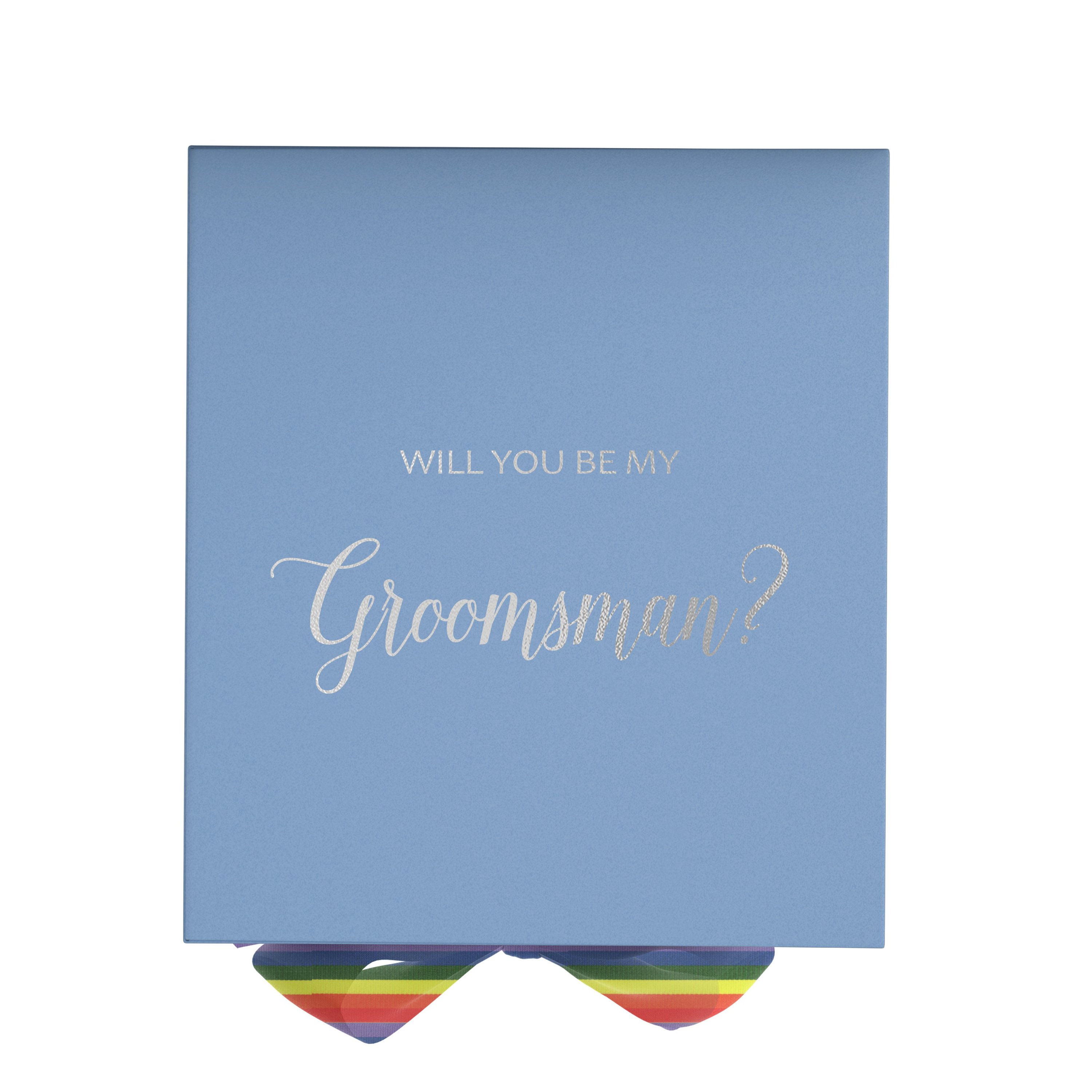 Light blue groomsman proposal box with metallic writing and rainbow bow, showcasing elegant design and quality craftsmanship.