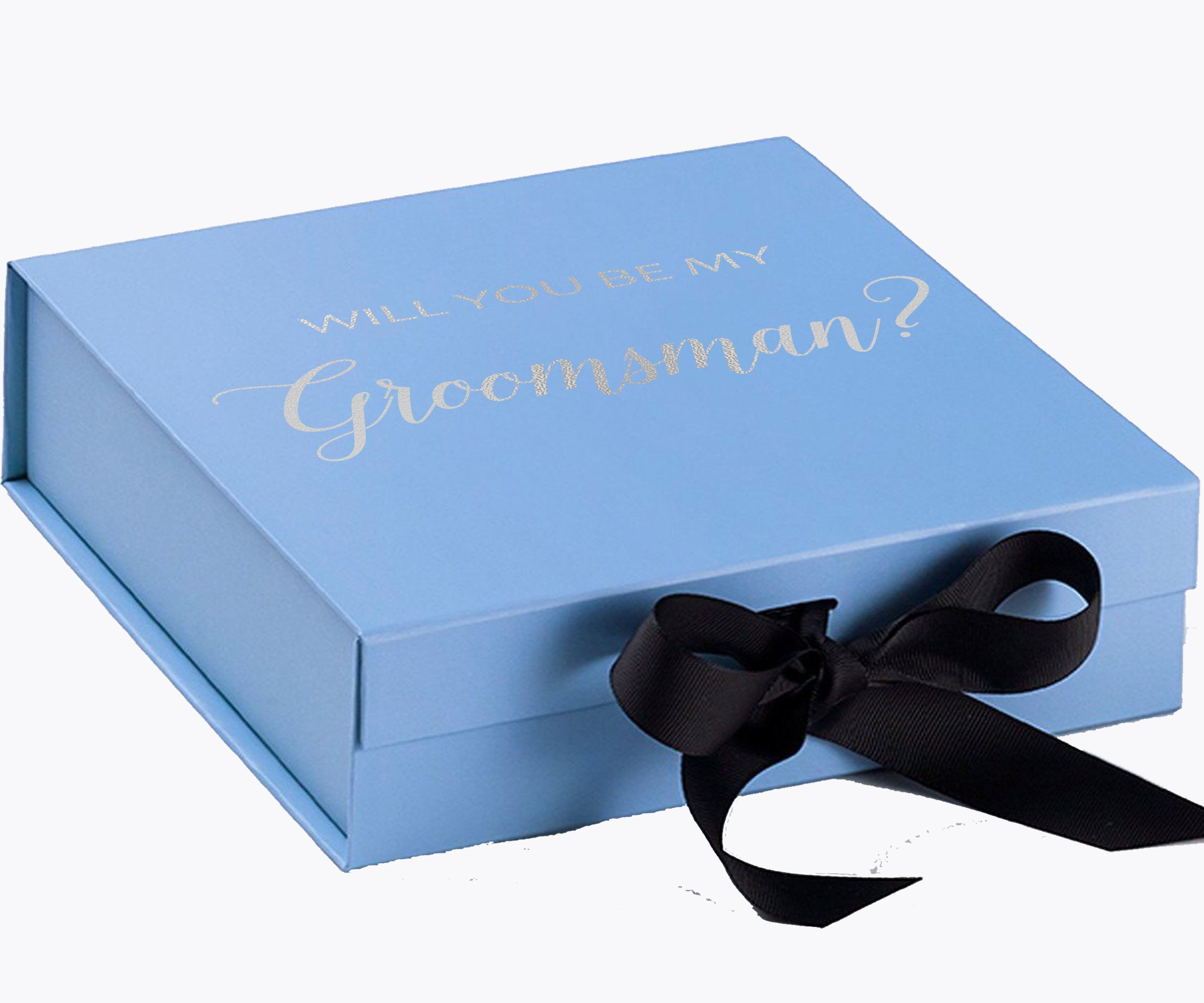 Light blue groomsman proposal box with black bow and metallic writing on the lid, showcasing its elegant design.