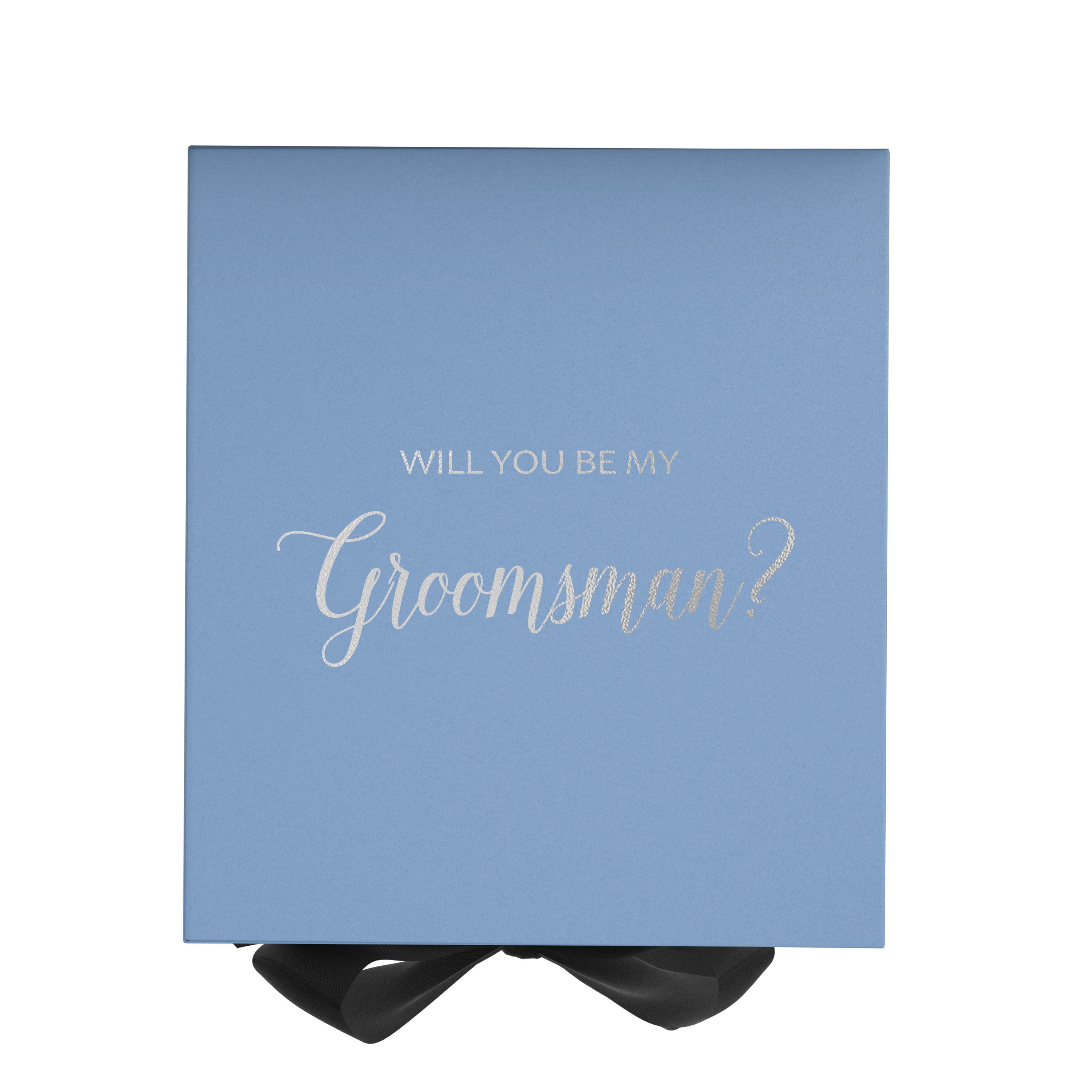 Light blue groomsman proposal box with black bow and metallic writing on the lid, showcasing its elegant design.