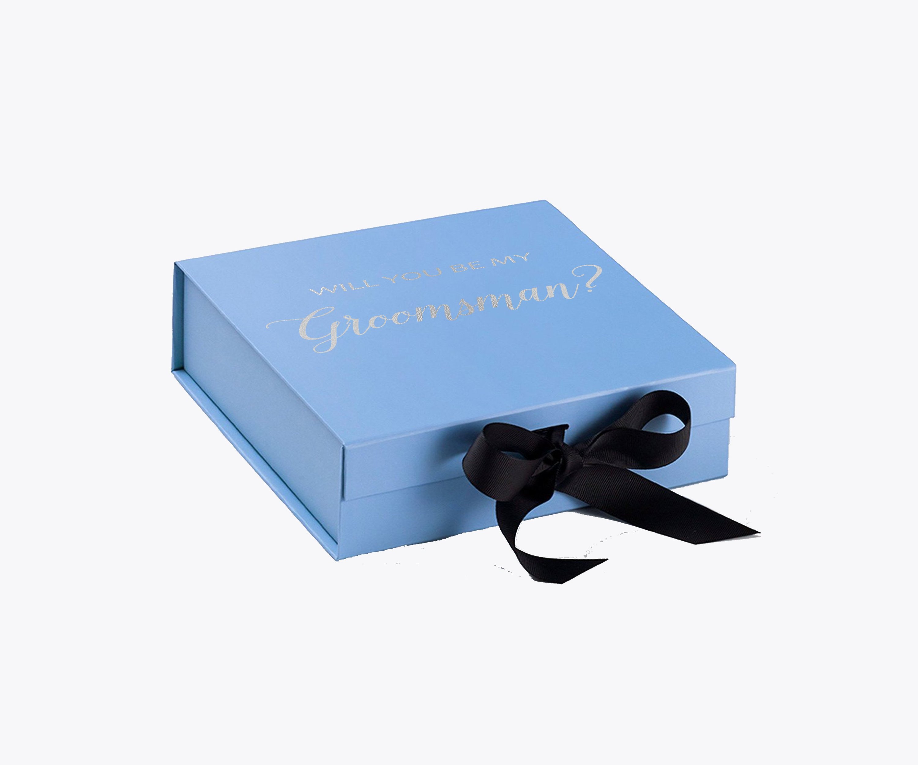 Light blue groomsman proposal box with black bow and metallic writing on the lid, showcasing its elegant design.