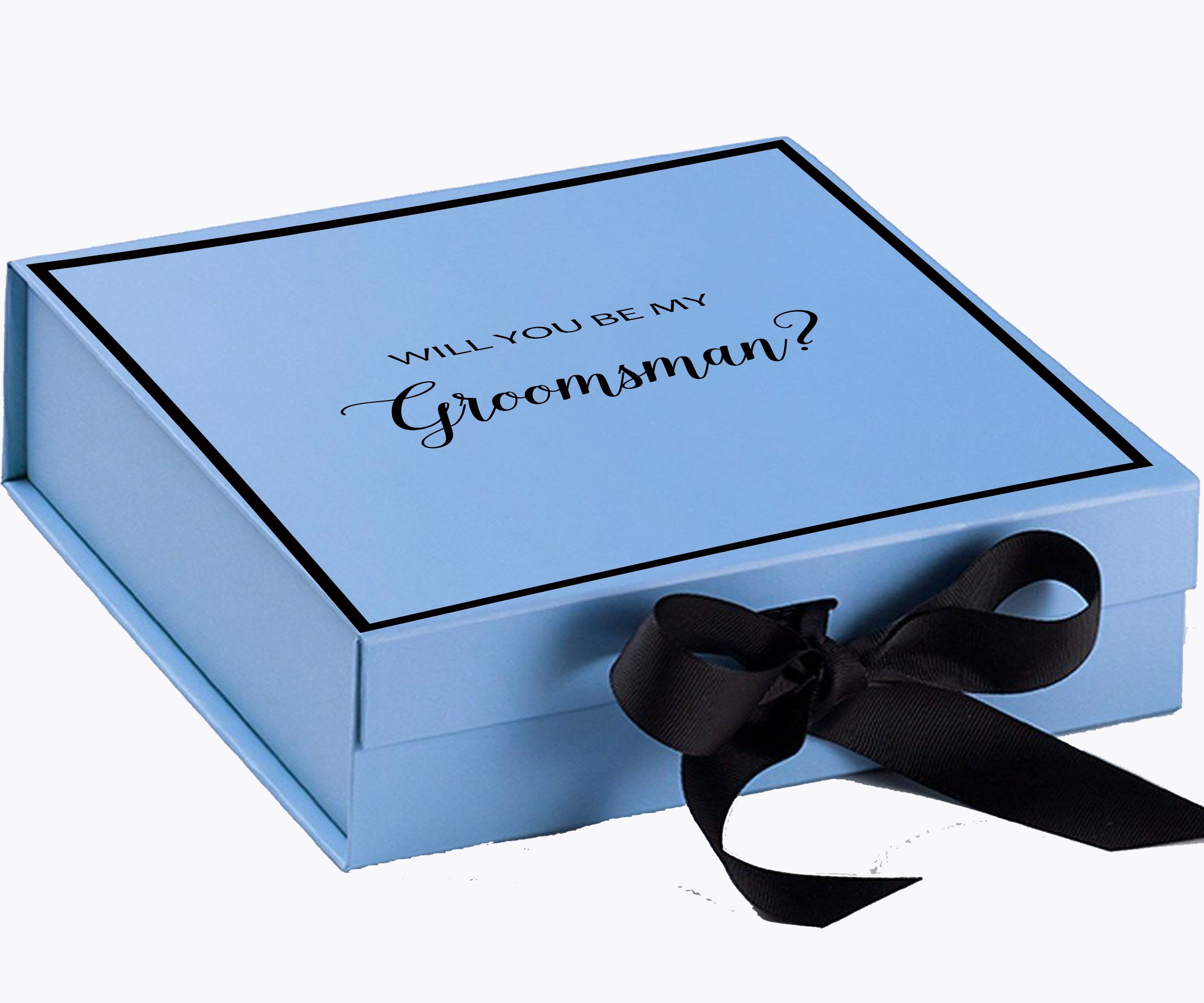 Light blue groomsman proposal box with black bow and metallic writing on the lid, showcasing its elegant design.