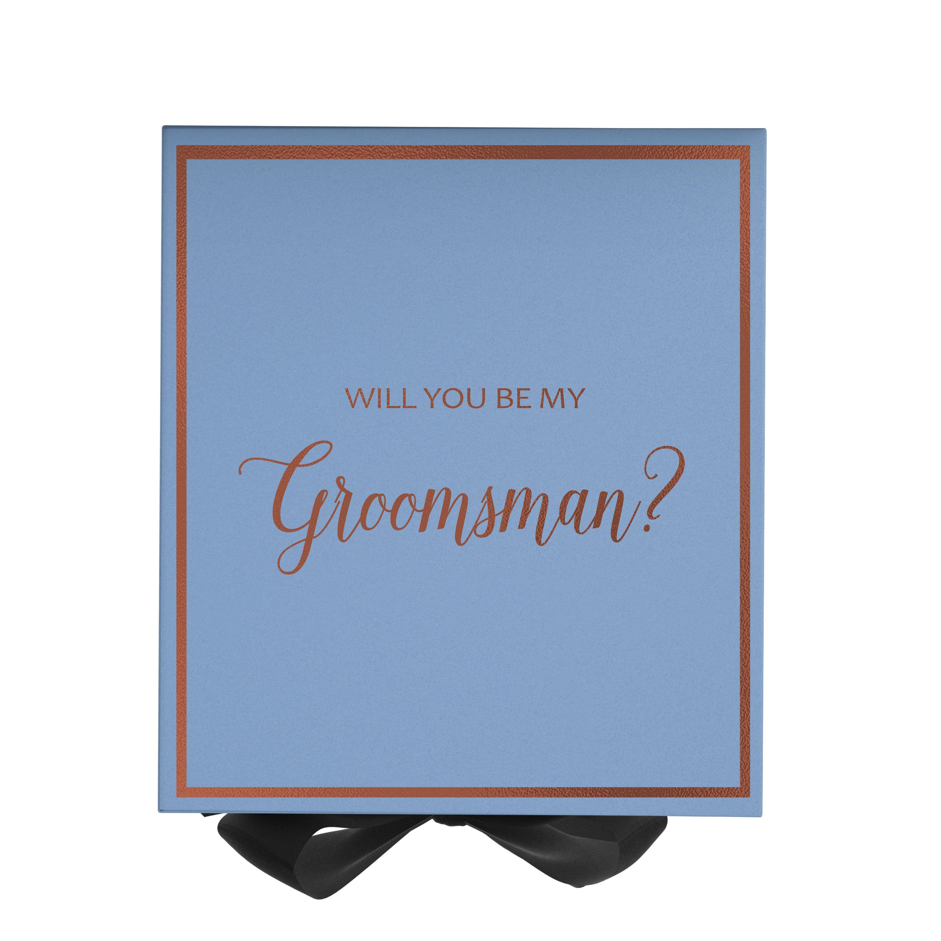 Light blue groomsman proposal box with black bow and metallic writing on the lid, showcasing its elegant design.