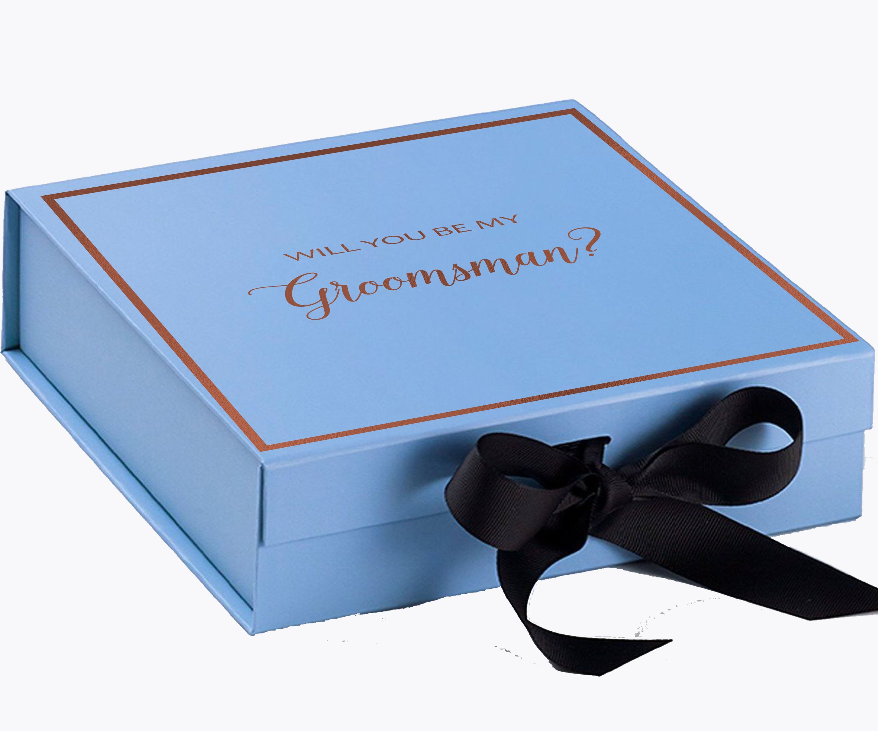 Light blue groomsman proposal box with black bow and metallic writing on the lid, showcasing its elegant design.