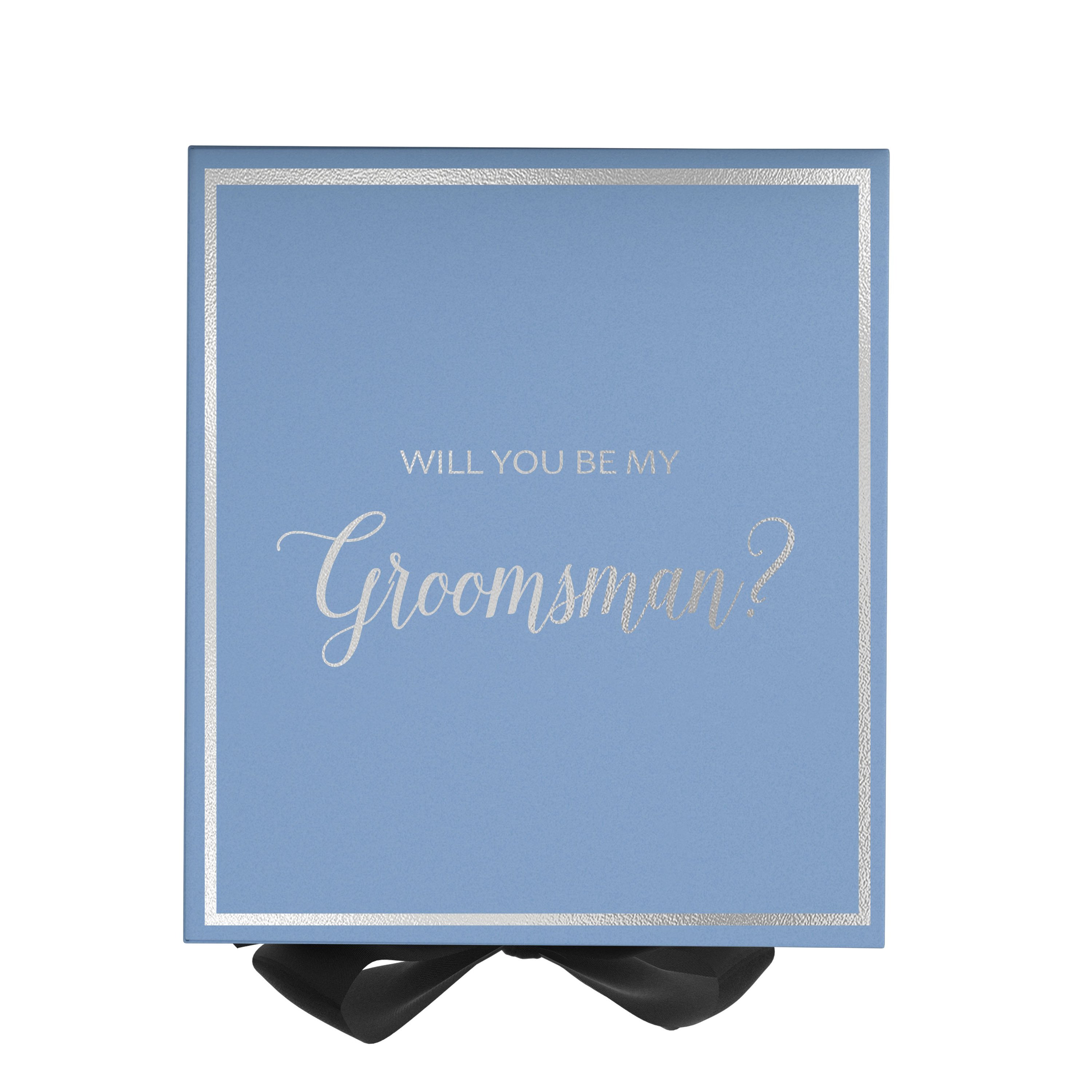 Light blue groomsman proposal box with black bow and metallic writing on the lid, showcasing its elegant design.