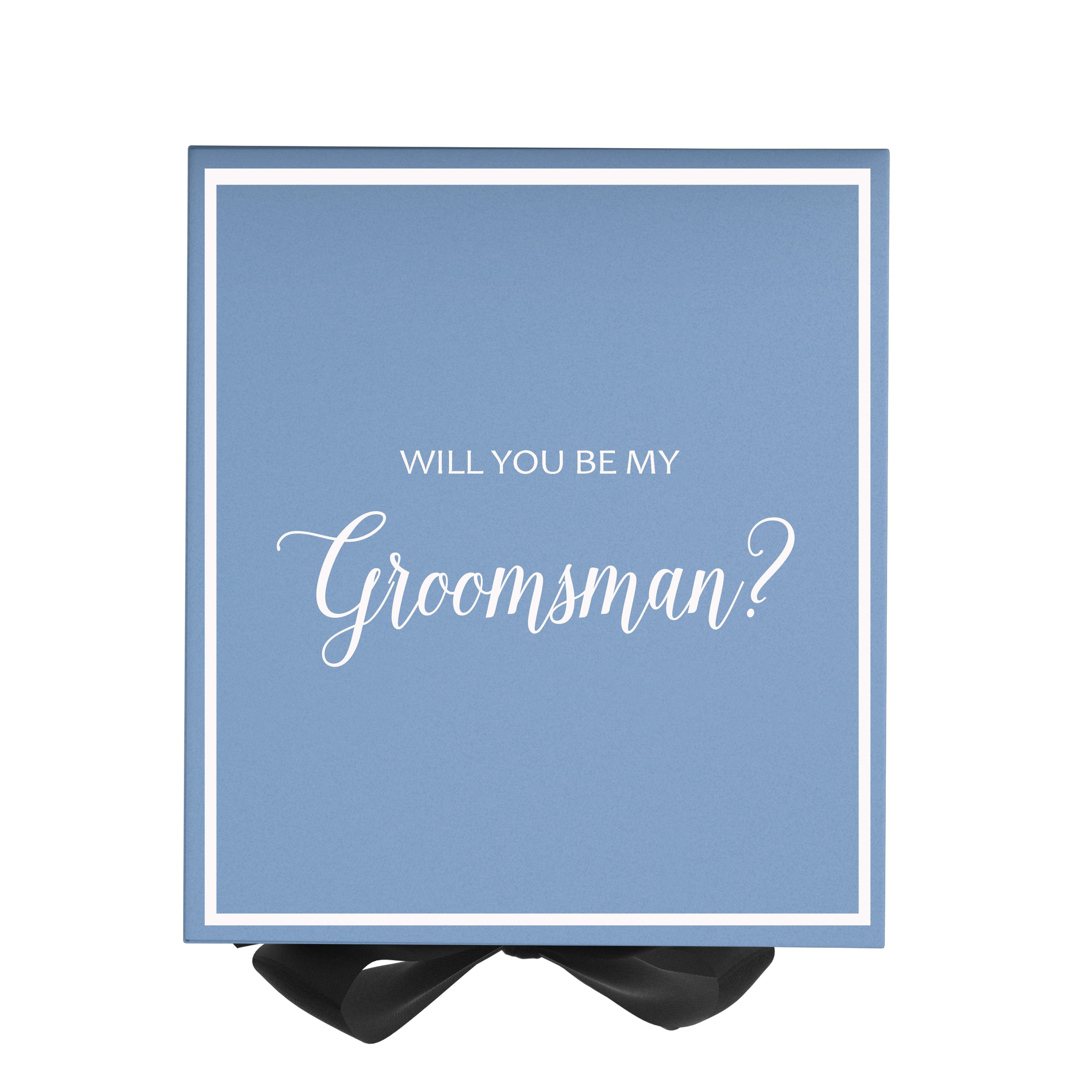 Light blue groomsman proposal box with black bow and metallic writing on the lid, showcasing its elegant design.