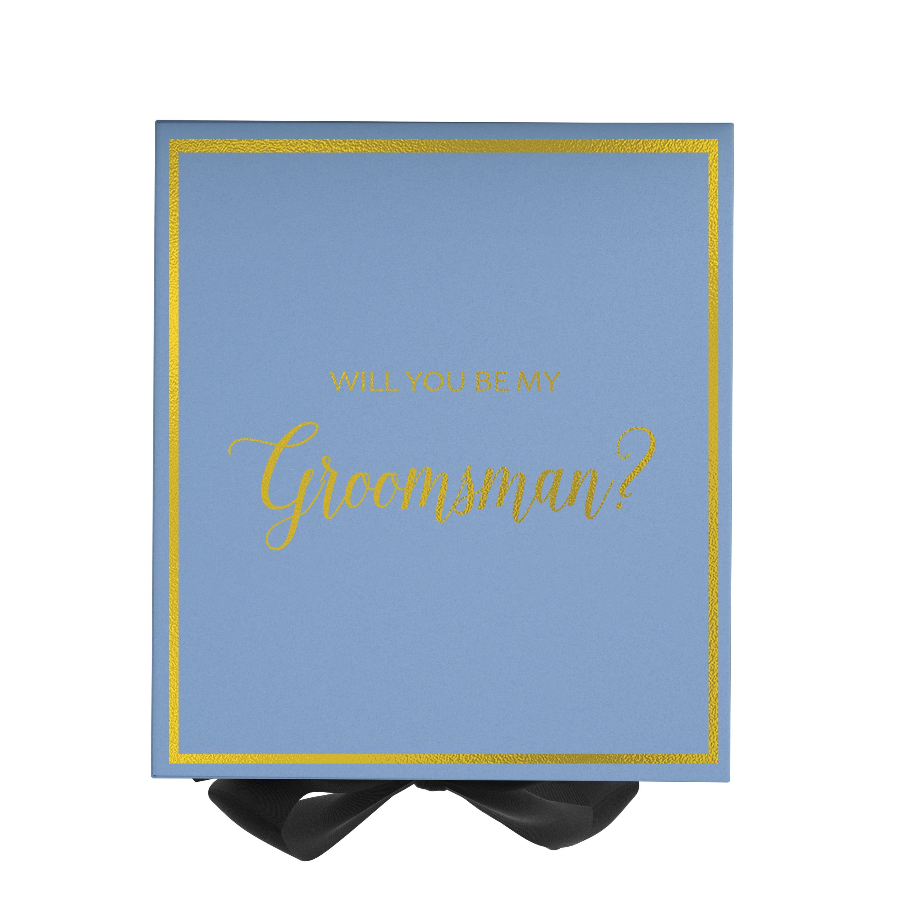 Light blue groomsman proposal box with black bow and metallic writing on the lid, showcasing its elegant design.