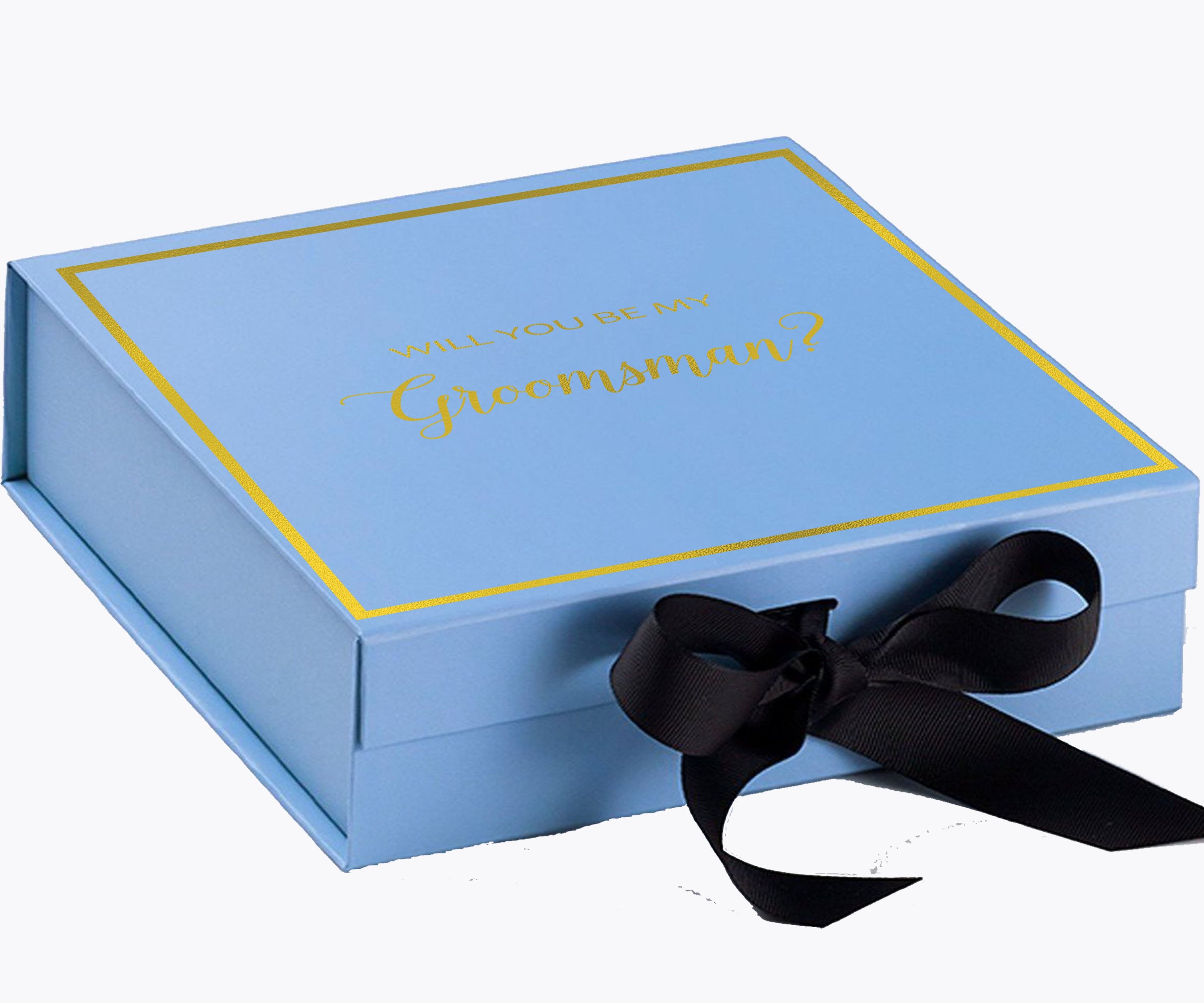 Light blue groomsman proposal box with black bow and metallic writing on the lid, showcasing its elegant design.