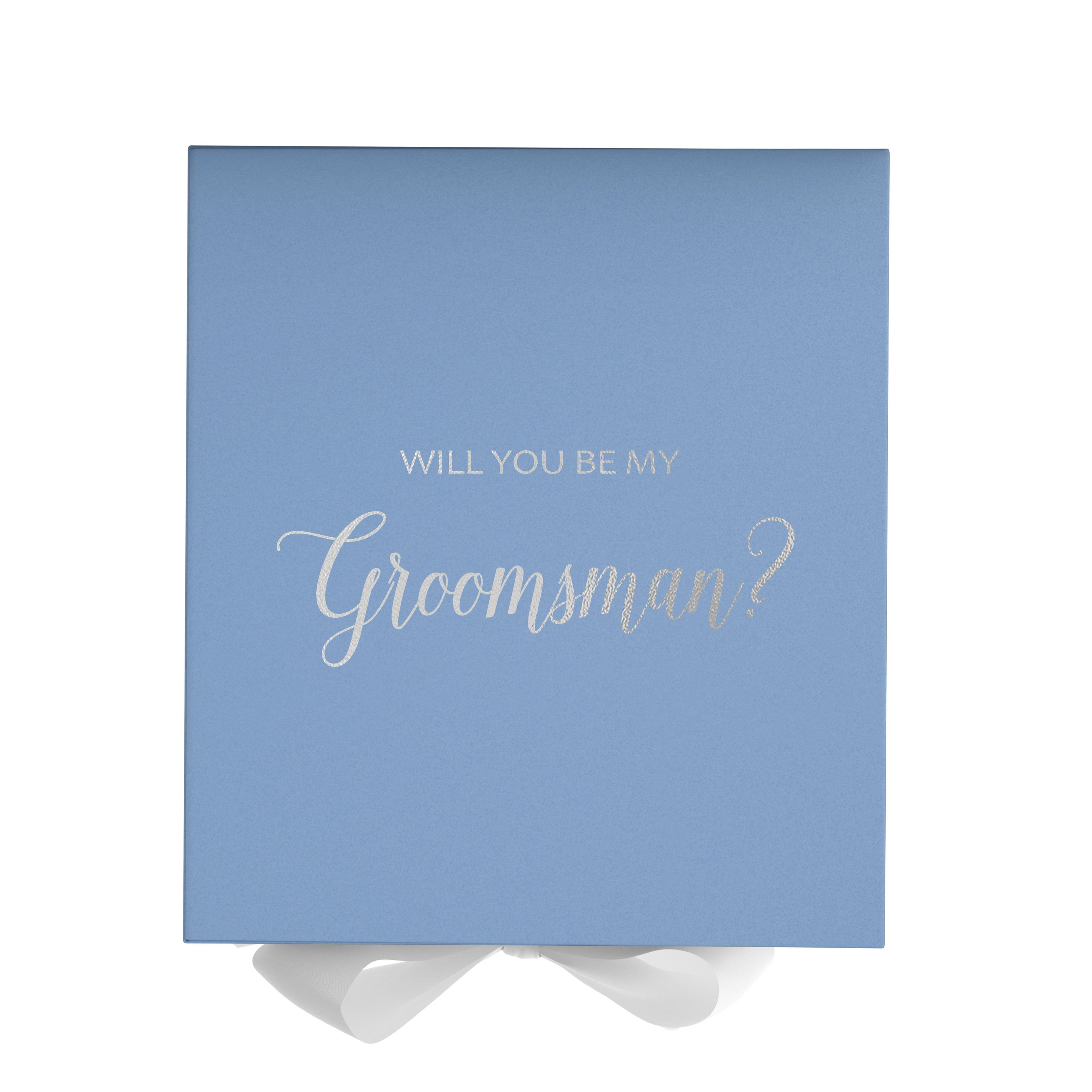 Light blue groomsman proposal box with white bow and metallic writing on the lid, showcasing its elegant design.