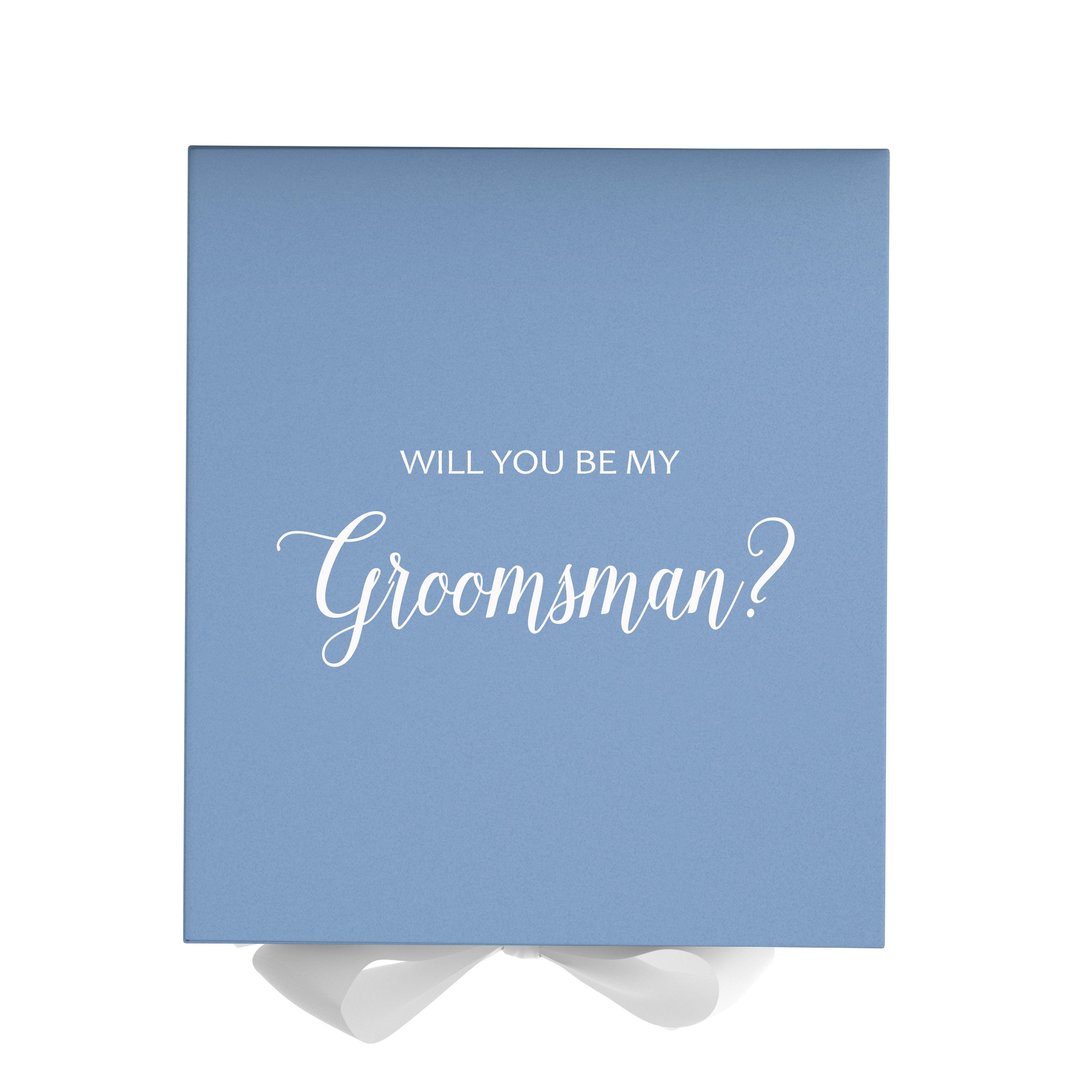 Light blue groomsman proposal box with white bow and metallic writing on the lid, showcasing its elegant design.