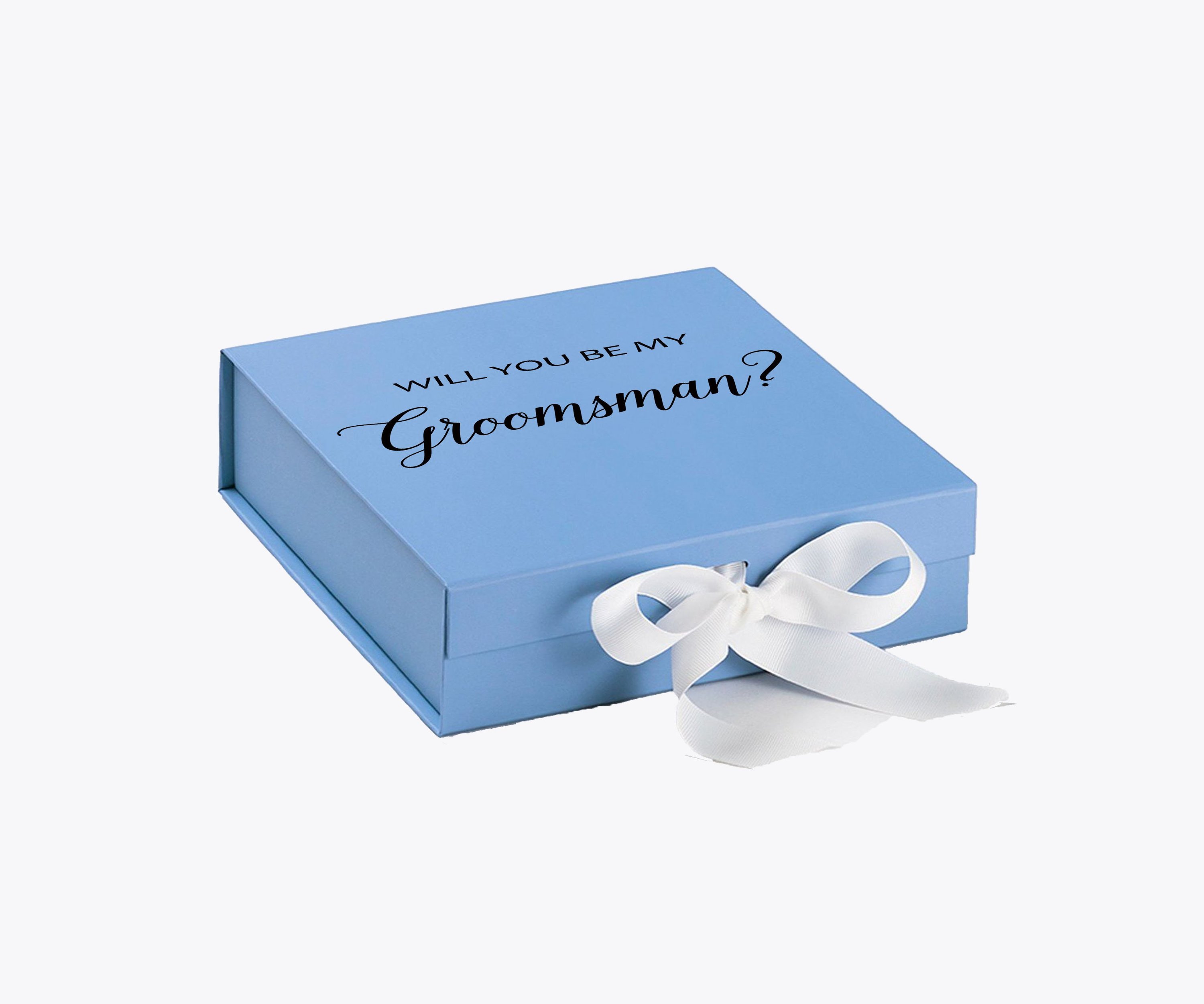 Light blue groomsman proposal box with white bow and metallic writing on the lid, showcasing its elegant design.