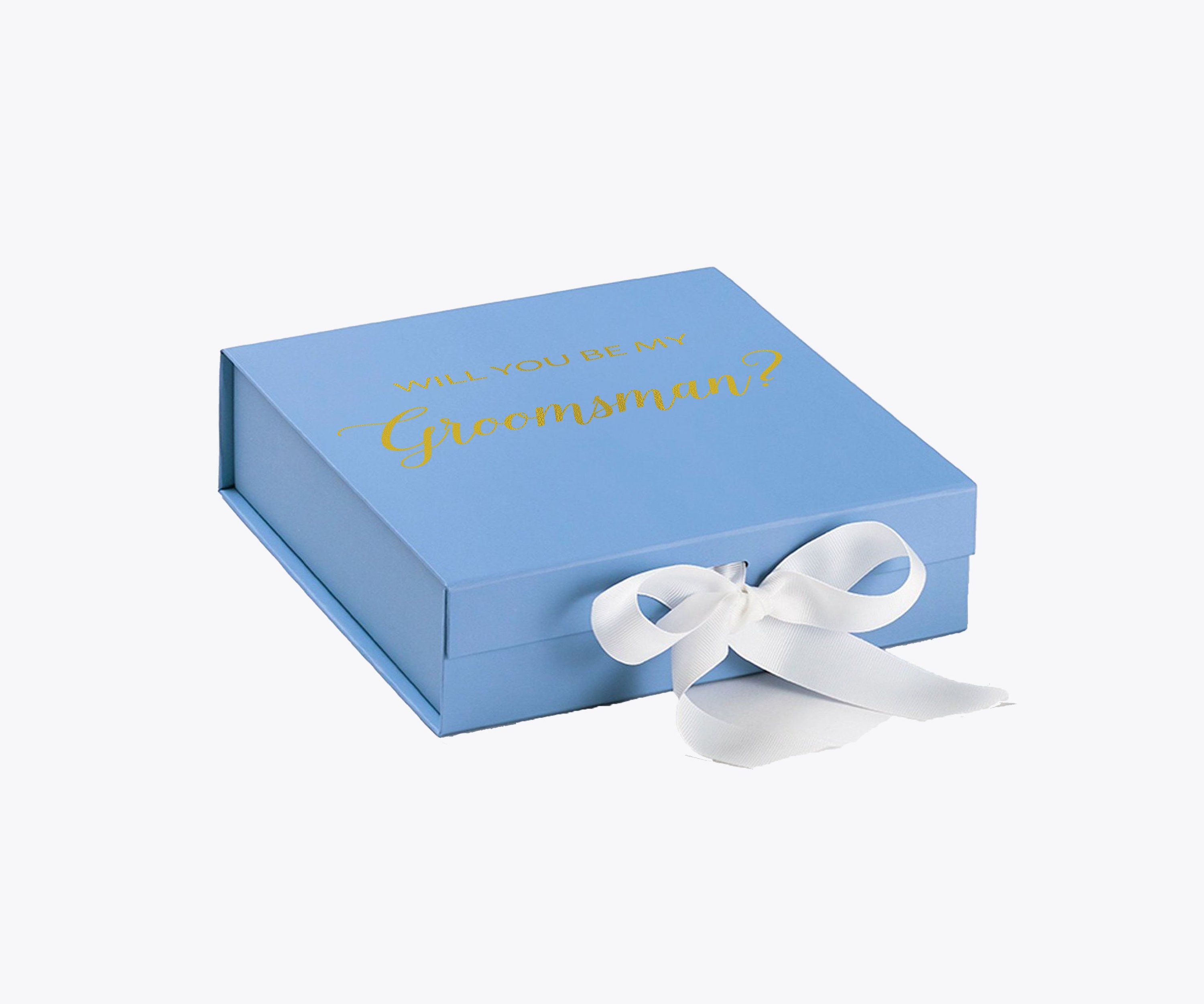 Light blue groomsman proposal box with white bow and metallic writing on the lid, showcasing its elegant design.