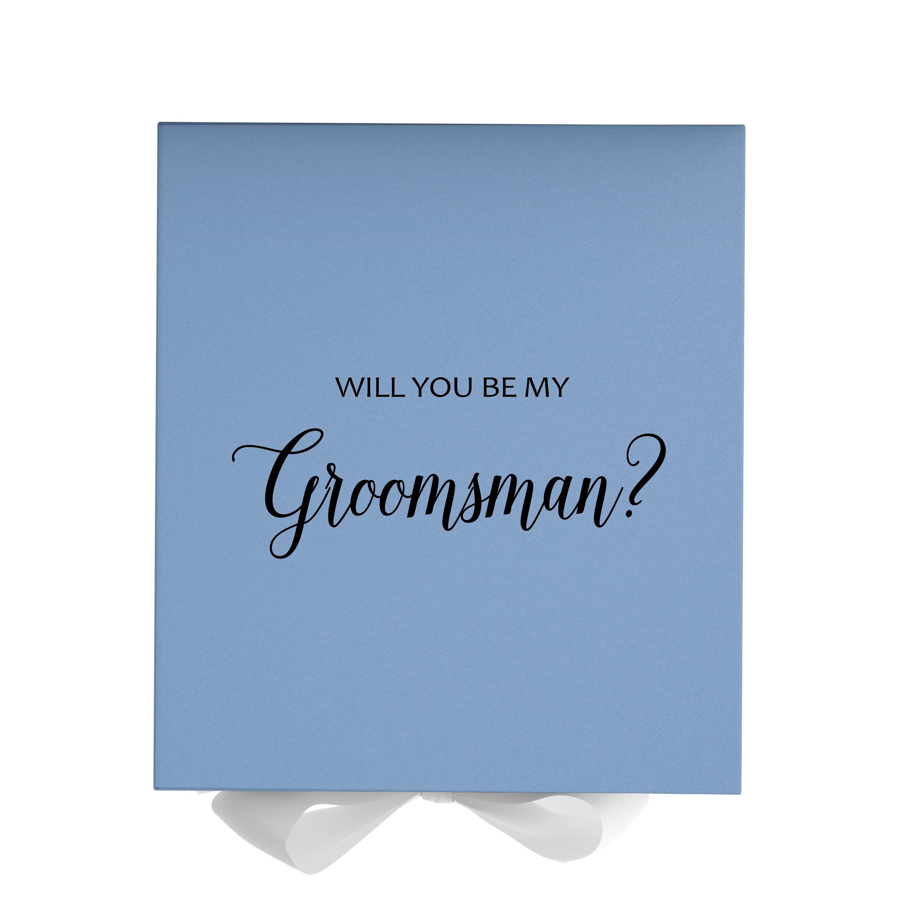 Light blue groomsman proposal box with white bow and metallic writing on the lid, showcasing its elegant design.