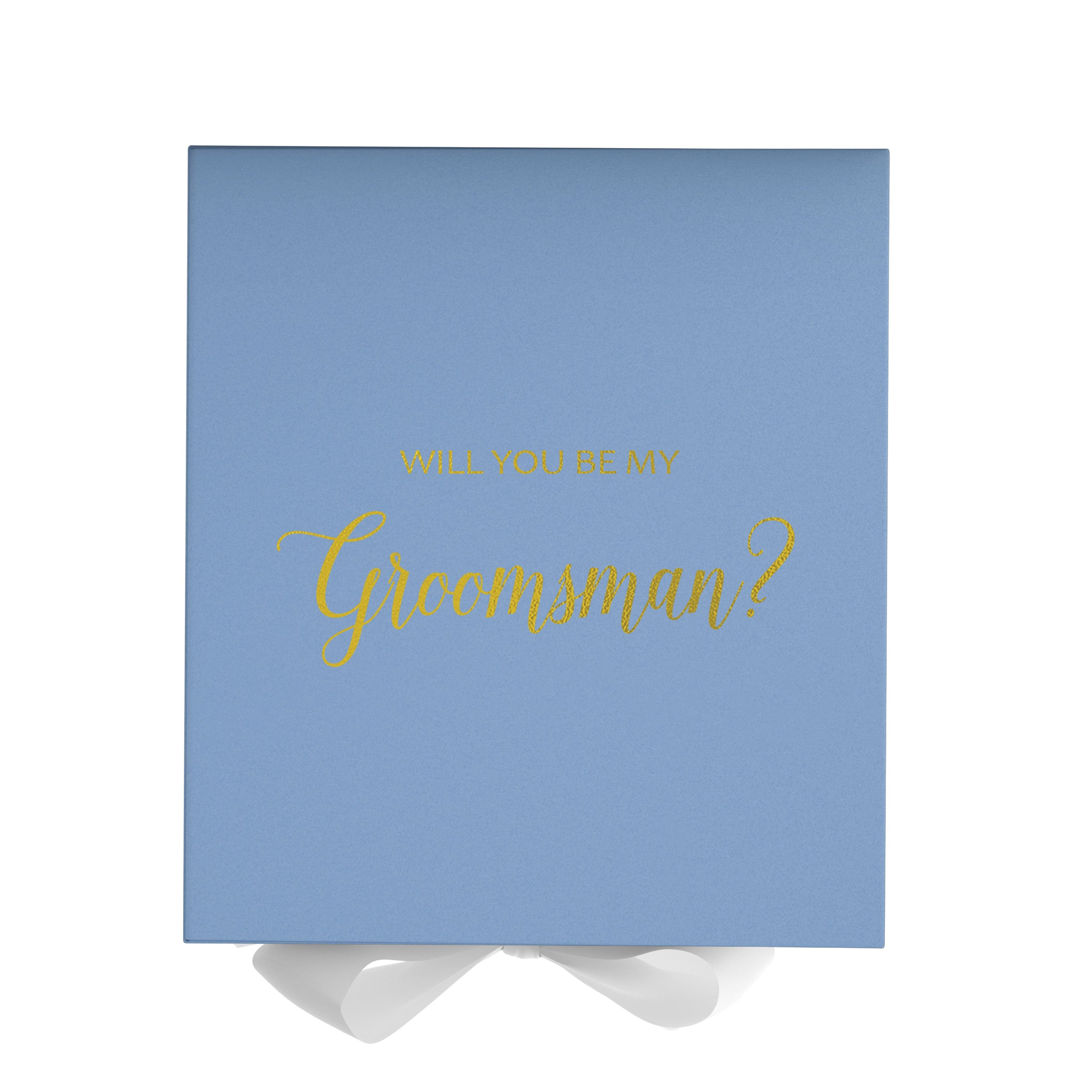 Light blue groomsman proposal box with white bow and metallic writing on the lid, showcasing its elegant design.