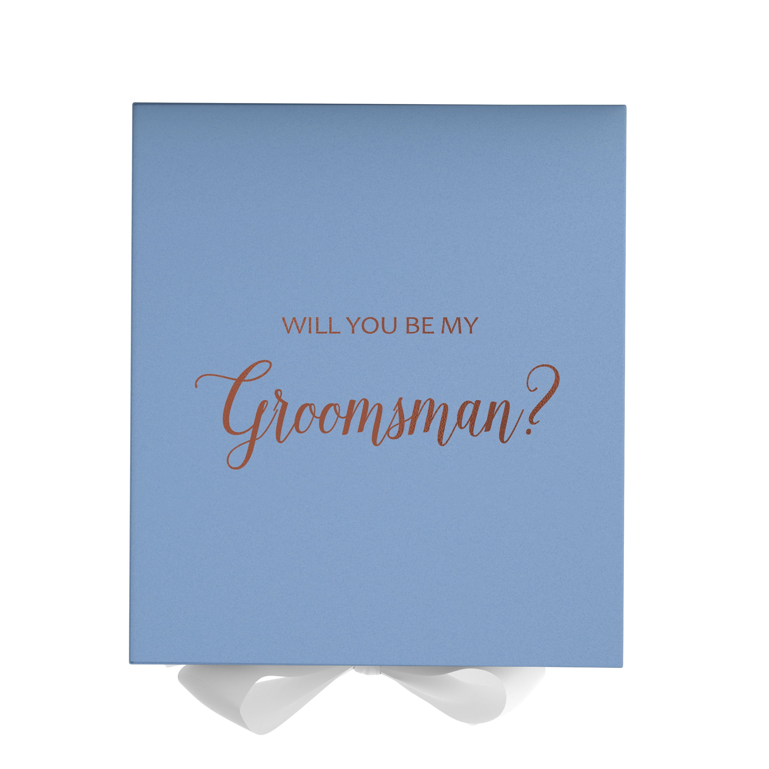 Light blue groomsman proposal box with white bow and metallic writing on the lid, showcasing its elegant design.