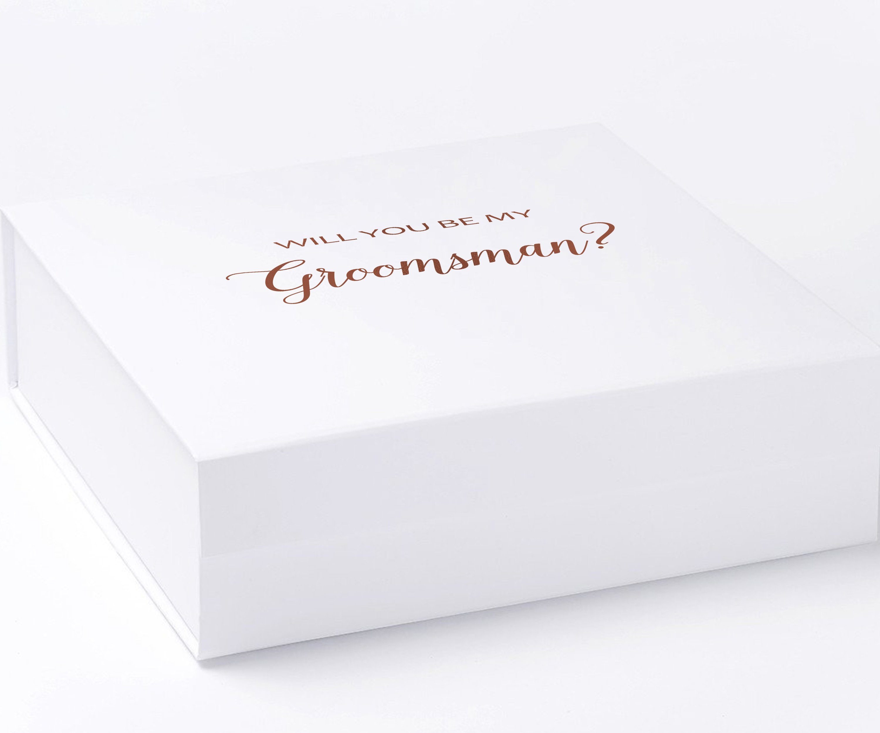 Elegant white groomsman proposal box with metallic writing on the lid, showcasing a clean design without borders or ribbons.