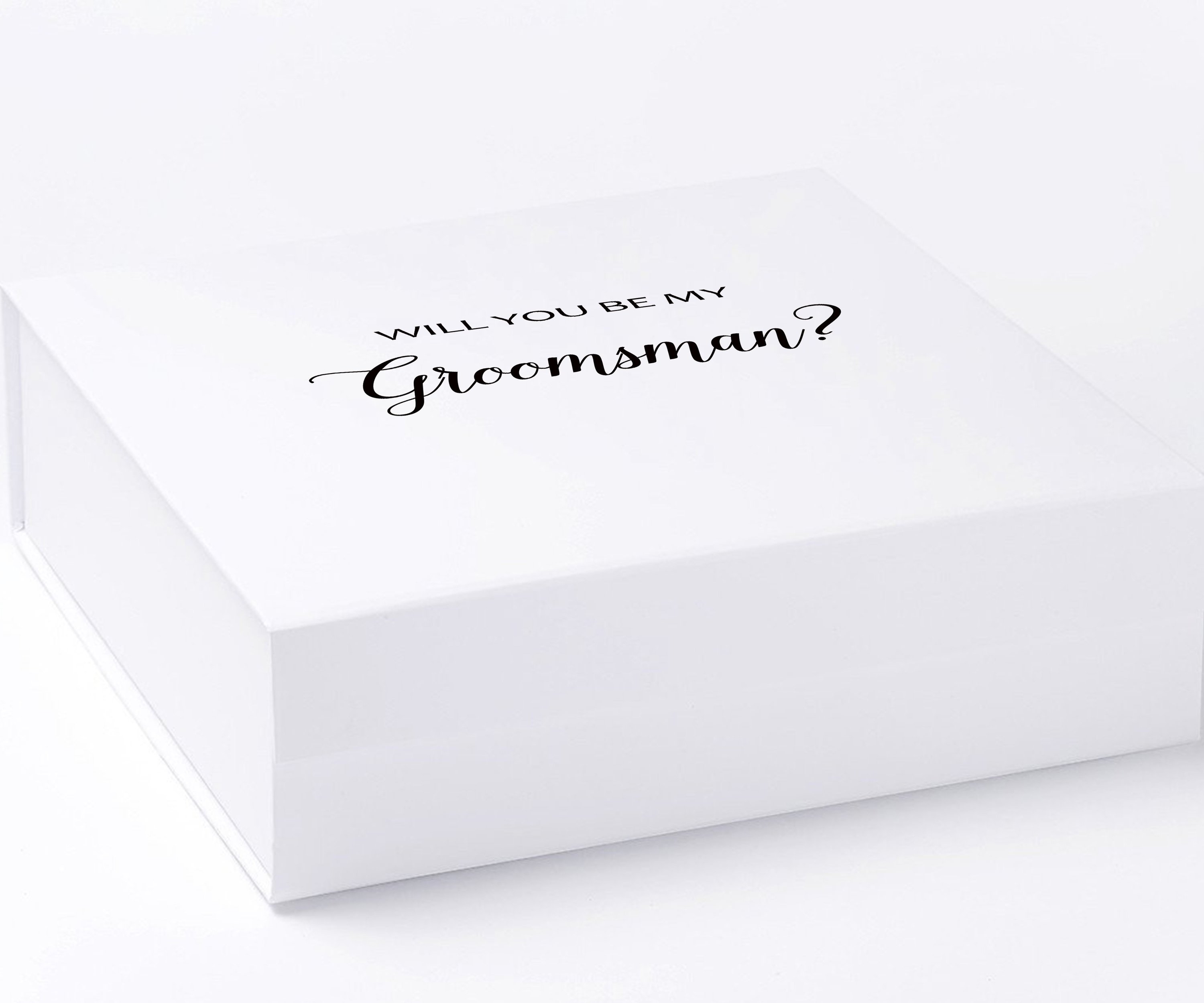 Elegant white groomsman proposal box with metallic writing on the lid, showcasing a clean design without borders or ribbons.